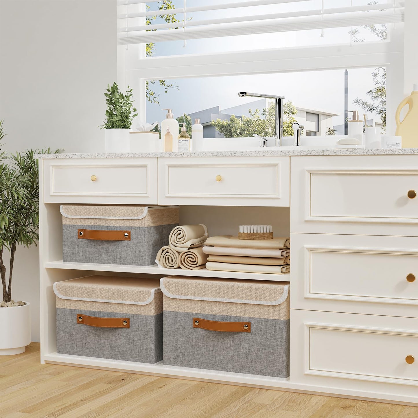 OUTBROS 1 Pack Fabric Storage Boxes with lids, 38x25x25cm Beige/Grey