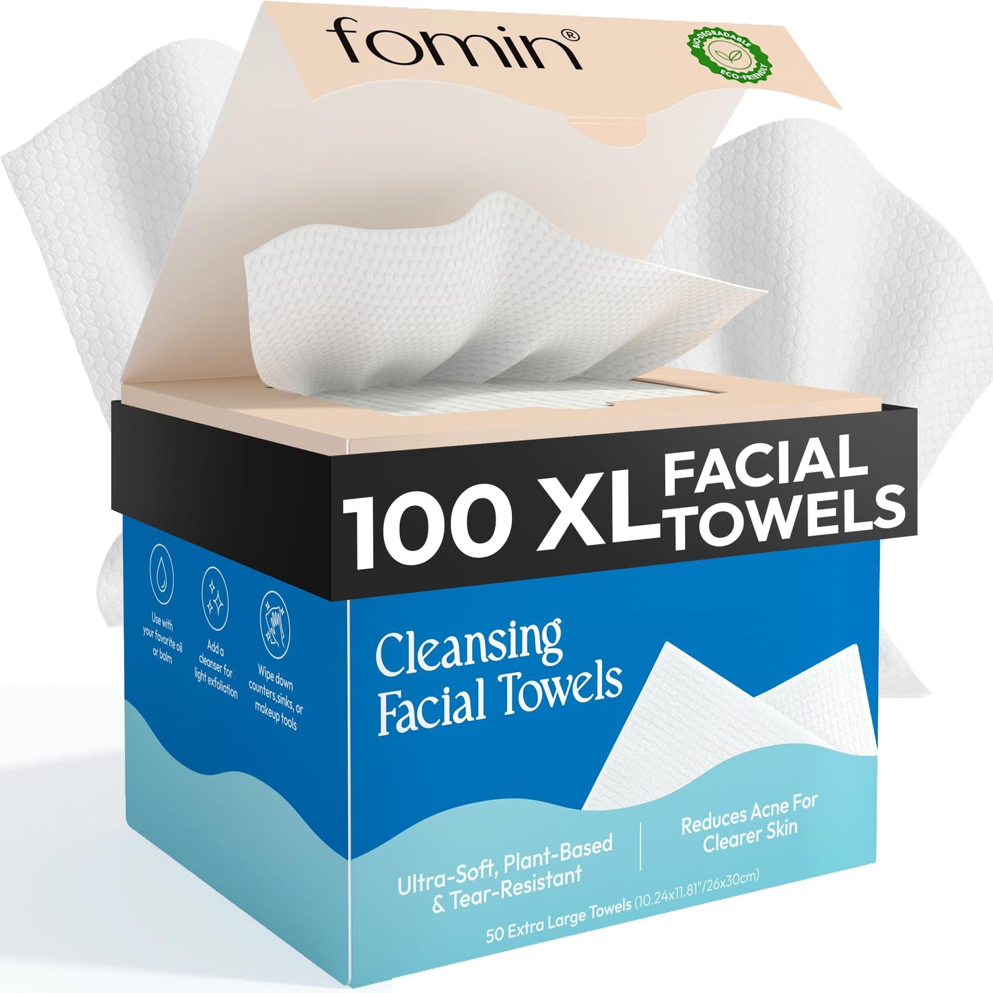 FOMIN Disposable Face Towels - 100 Count(2 Pack) 100% Biodegradable Ultra-Soft Towelette For Washing Face & Makeup Removal,Vegan & Cruelty Free
