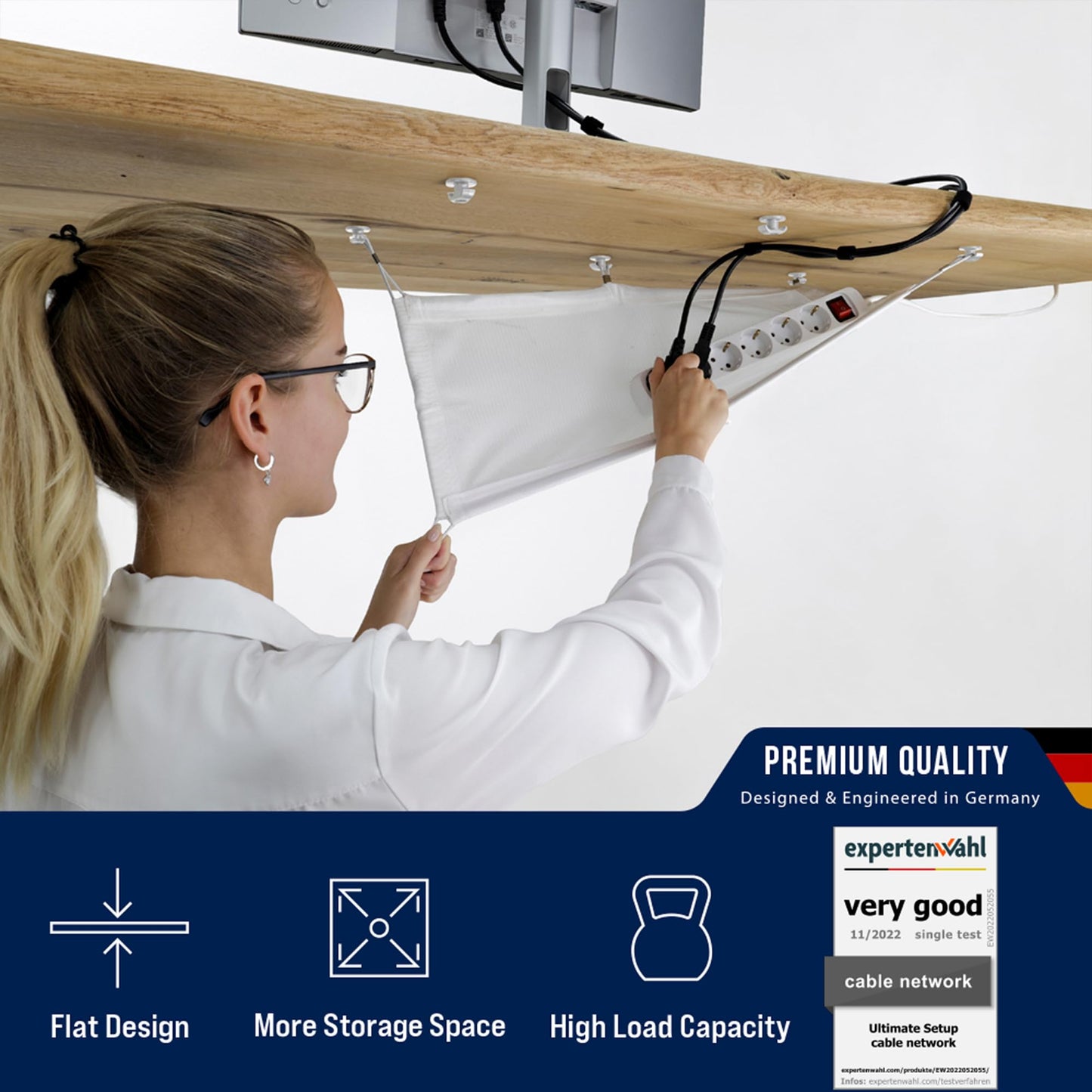 Desk wire organiser – Flexible under desk cable net, holds 10 kg, white