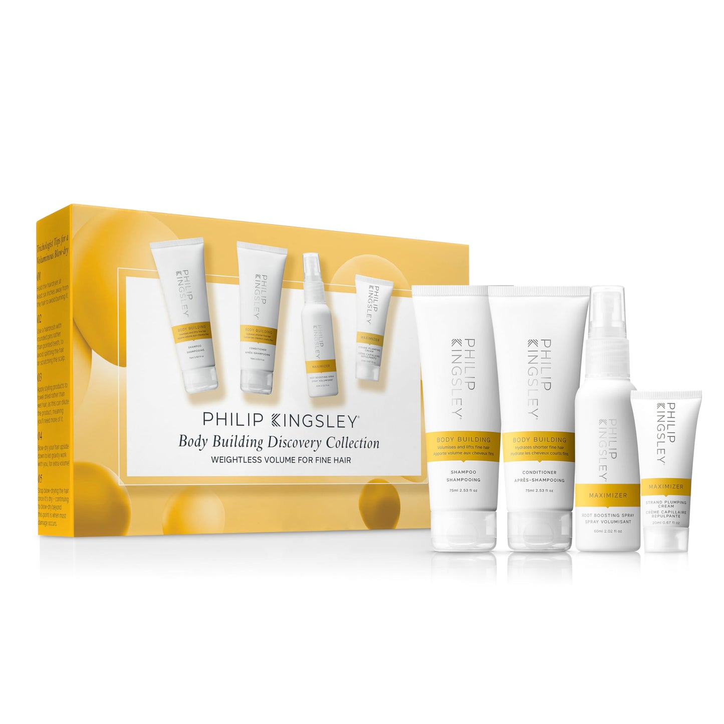 Philip Kingsley | Body-Building Volumizing Collection | Includes Shampoo, Conditioner, Root Boosting Volumizer Spray and Hair Plumping Volume Cream |