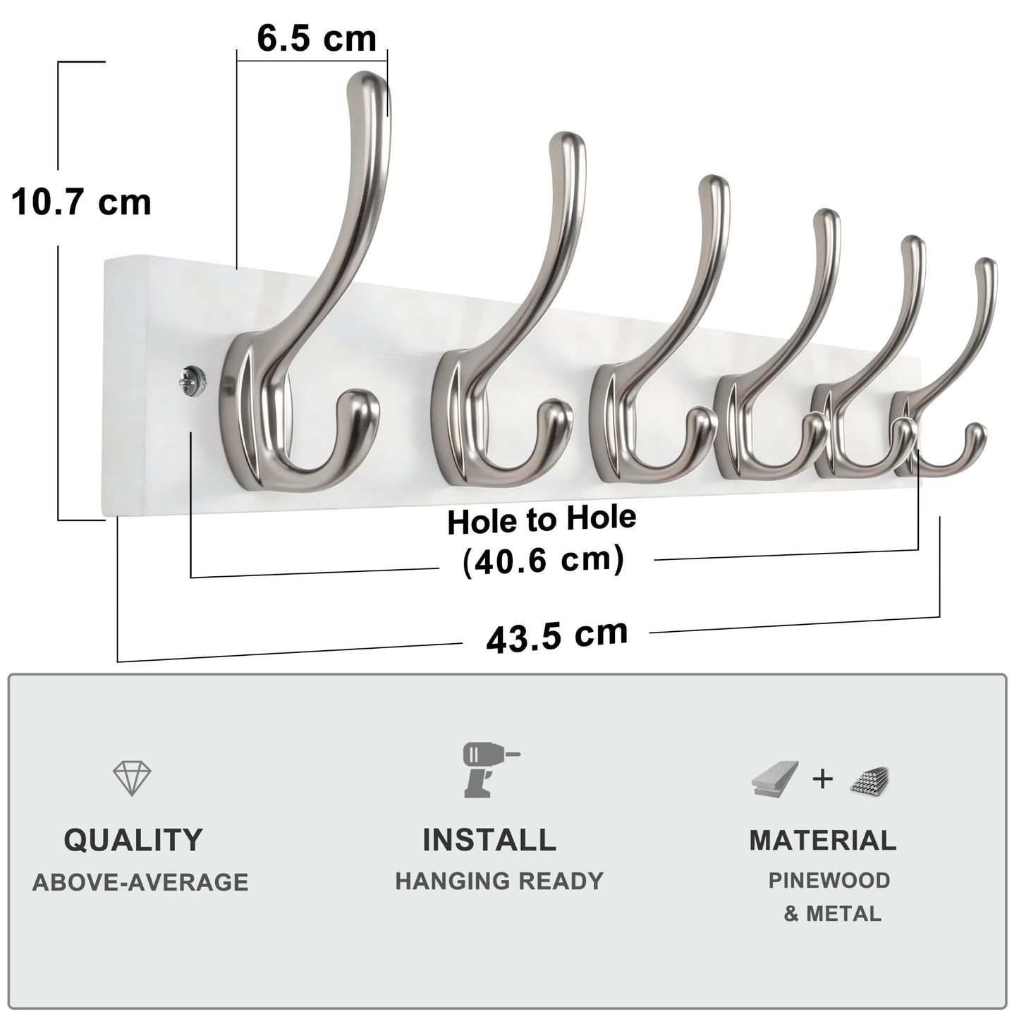HONSKY Wall Coat Rack - 6 Double Hooks (44cm) | Wooden & Metal Towel/Coat Hanger for Entryway, Bathroom, Bedroom, Garage | Easy Install