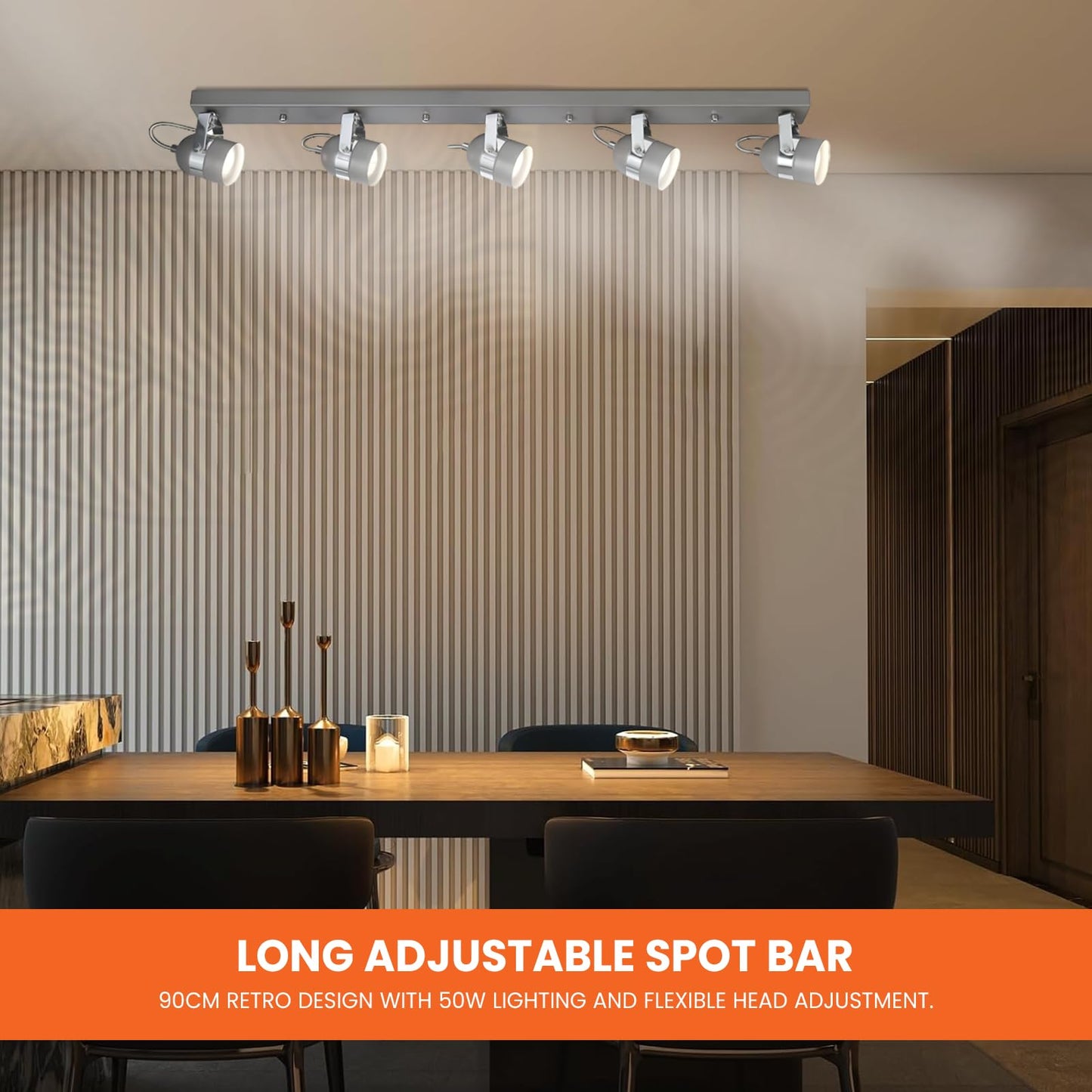 UKEW Modern 5 Way Ceiling Spotlight - Straight Bar Long 90CM Spot Bar 50W Lights Adjustable Retro Heads - GU10 LED Fitting for Bedroom Restaurants