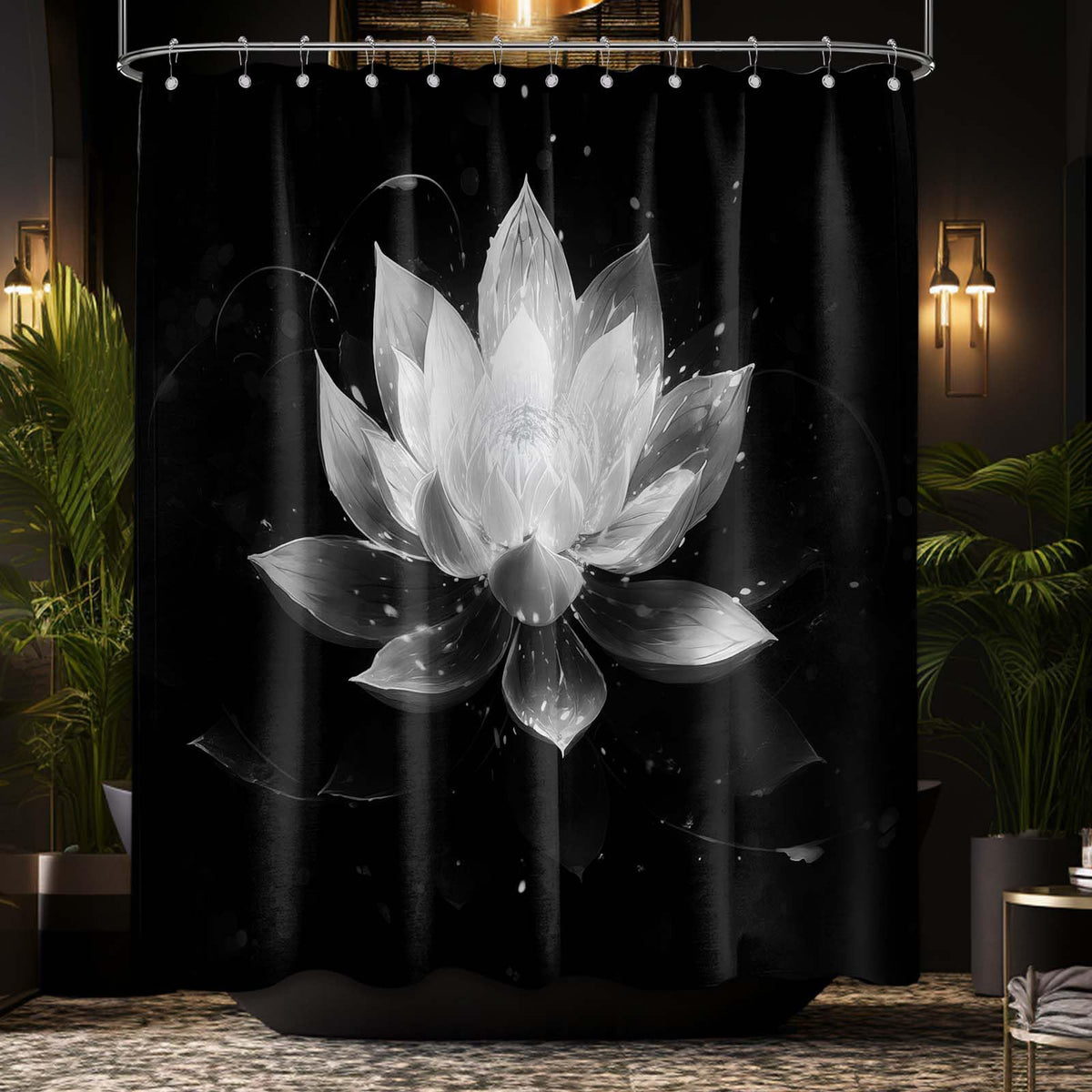 LanZanthic Lotus Shower Curtains for Bathroom Black and White Floral Spa Zen Wet Room Shower Curtain, Washable, Waterproof, Cloth Fabric, 180 x 240 cm