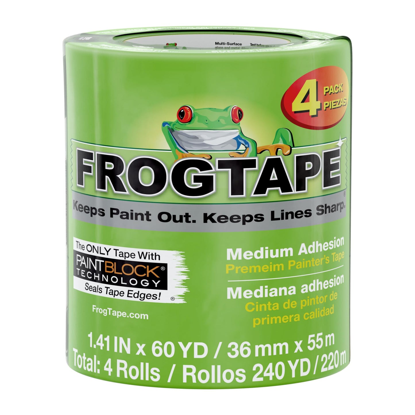 Frog Tape Multi-Surface Masking Tape for Painting 36mm x 55m, Decorators Tape, Painters Masking Tape for Indoor Painting & Decorating - Pack of 4