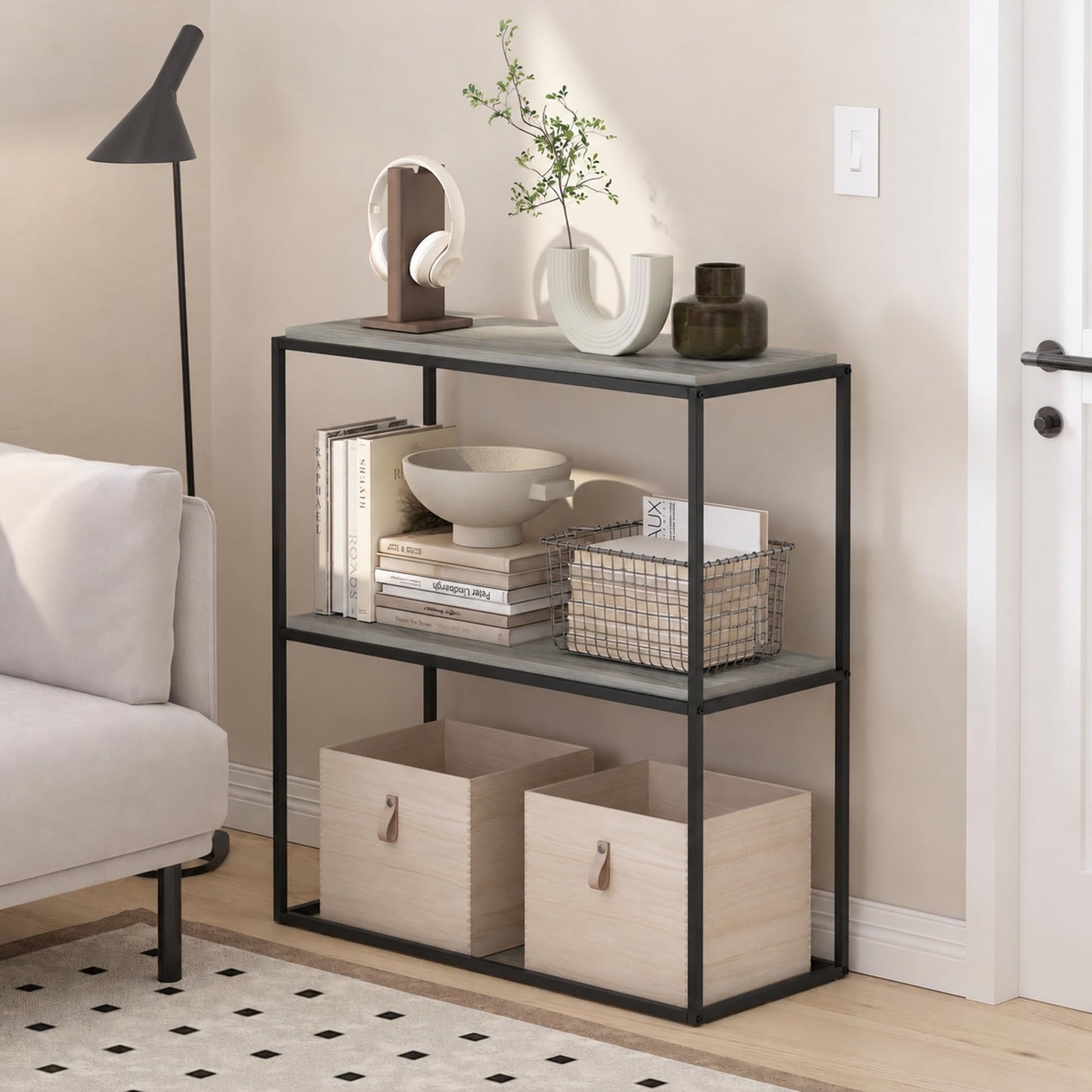 Furinno MORETTI 2-Tier Stackable Grey Book Shelf, Metal Frame Storage Shelves, Rectangular Display Shelf, Easy Assembly, for Organization and Storage