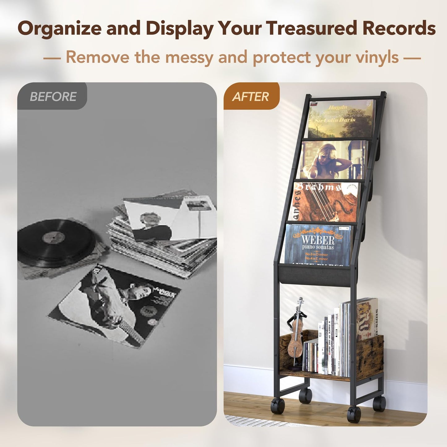 Bikoney Movable 4-Tier Vinyl Record Storage Cabinet with Display Shelf