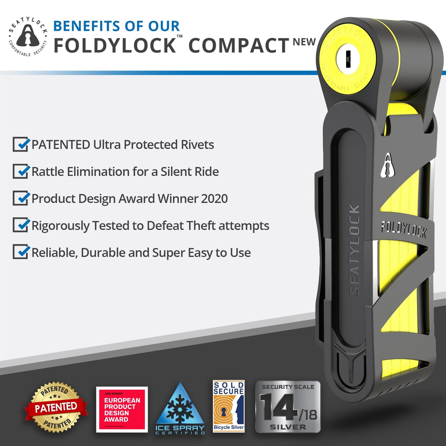 FoldyLock Compact Folding Bike Lock - Award Winning Patented High Security Cut Proof Bicycle Lock - Heavy Duty Anti Theft Smart Secure Guard with Key