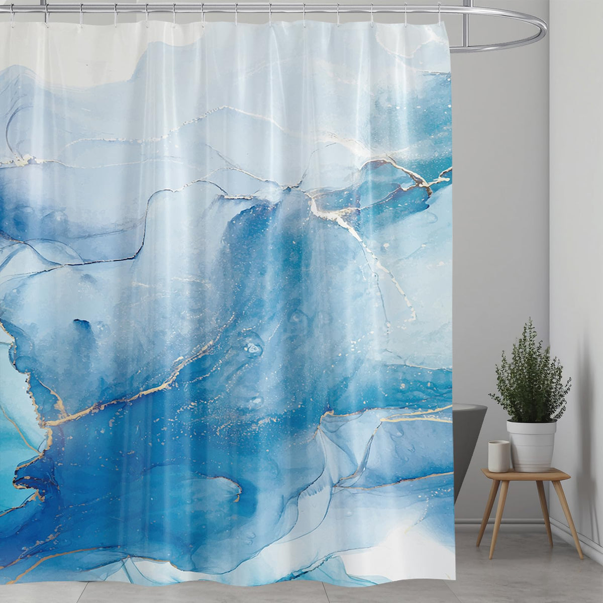 Shower Curtain Blue Mould Proof Resistant Waterproof Marbling Bathroom Curtains with 12 hooks Quick-Drying Weighted 180x180cm (71x71Inch) Polyester