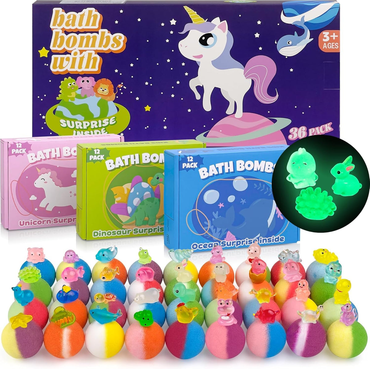 Bath Bombs for Kids with Toy Inside, 36 Pcs Bath Bombs with Glow in The Dark Dinosuar, Animal and Ocean Surprise Inside, Handmade Organic Bubble Bath