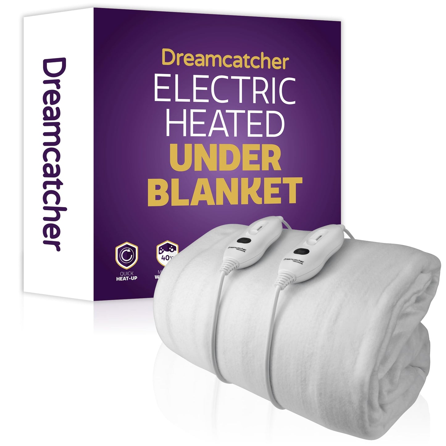 Dreamcatcher Double Electric Blanket 193 x 137cm, Soft Polyester Electric Blanket Fitted Underblanket Mattress Cover, 3x Heat Settings, 2x Controllers