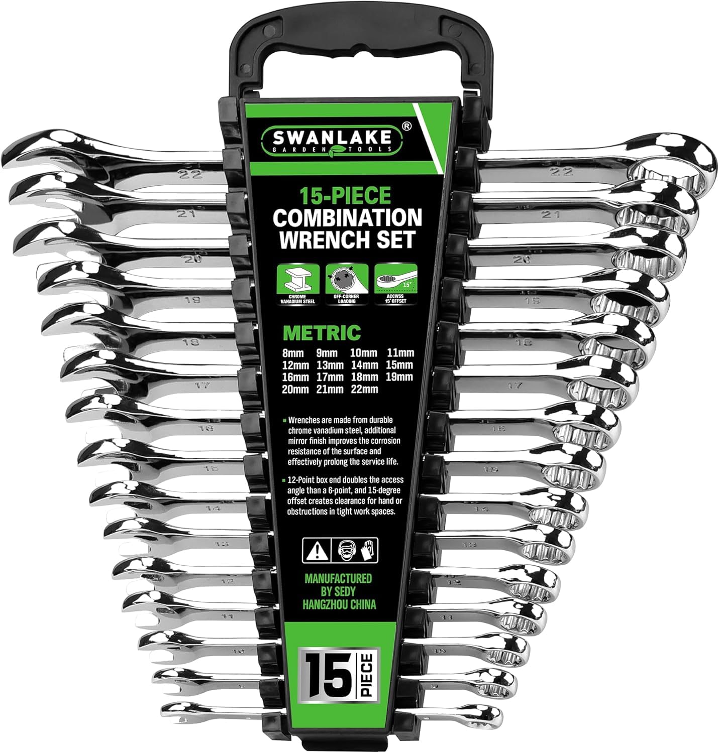 SWANLAKE GARDEN TOOLS 15-Piece Metric Spanner Sets, V Notch Premium Combination Spanner Set Metric 8-22mm, Max Torque, 12-Point, Chrome Vanadium