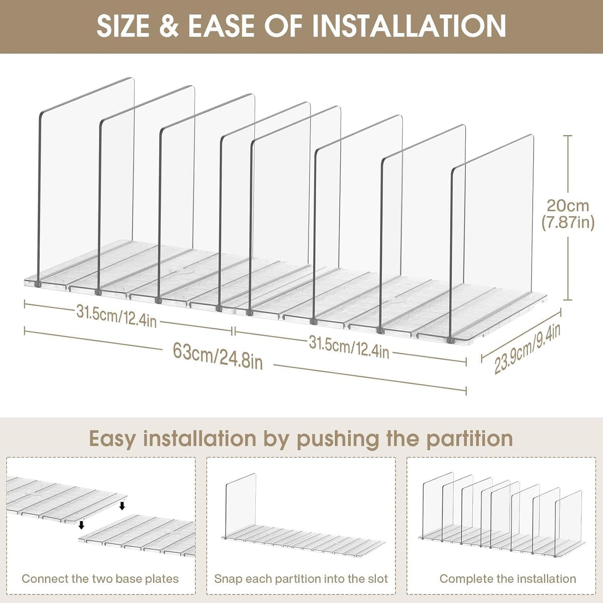 DoubleCare Pack of 8 Shelf Dividers, Adjustable Pocket Dividers, Transparent Acrylic Shelf Dividers, Transparent Handbag Organiser for Cupboards