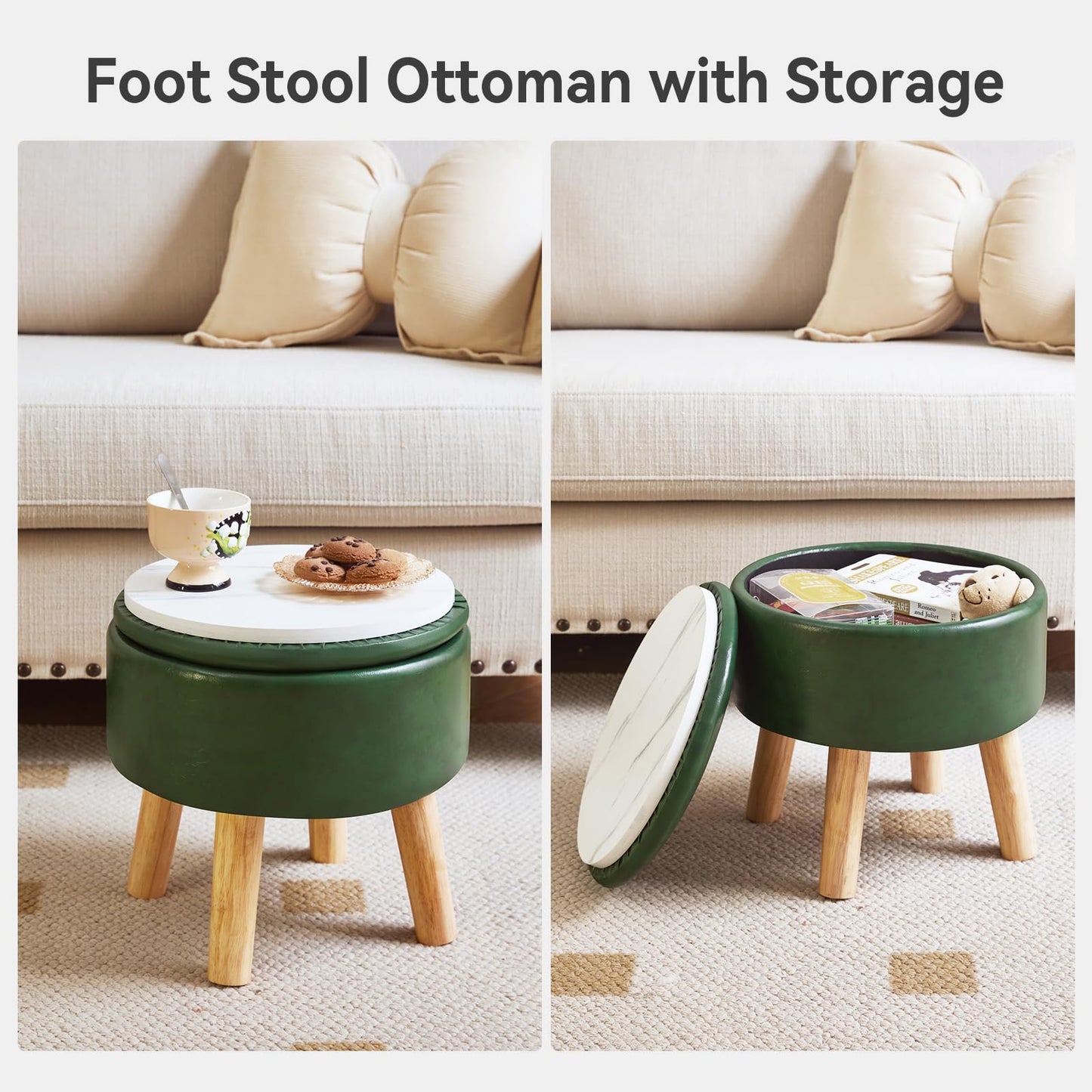 IBUYKE 13 Inch Small Footstool Ottoman with Storage, Round Pouffe Foot Rest with Padded Seat and Wood Legs