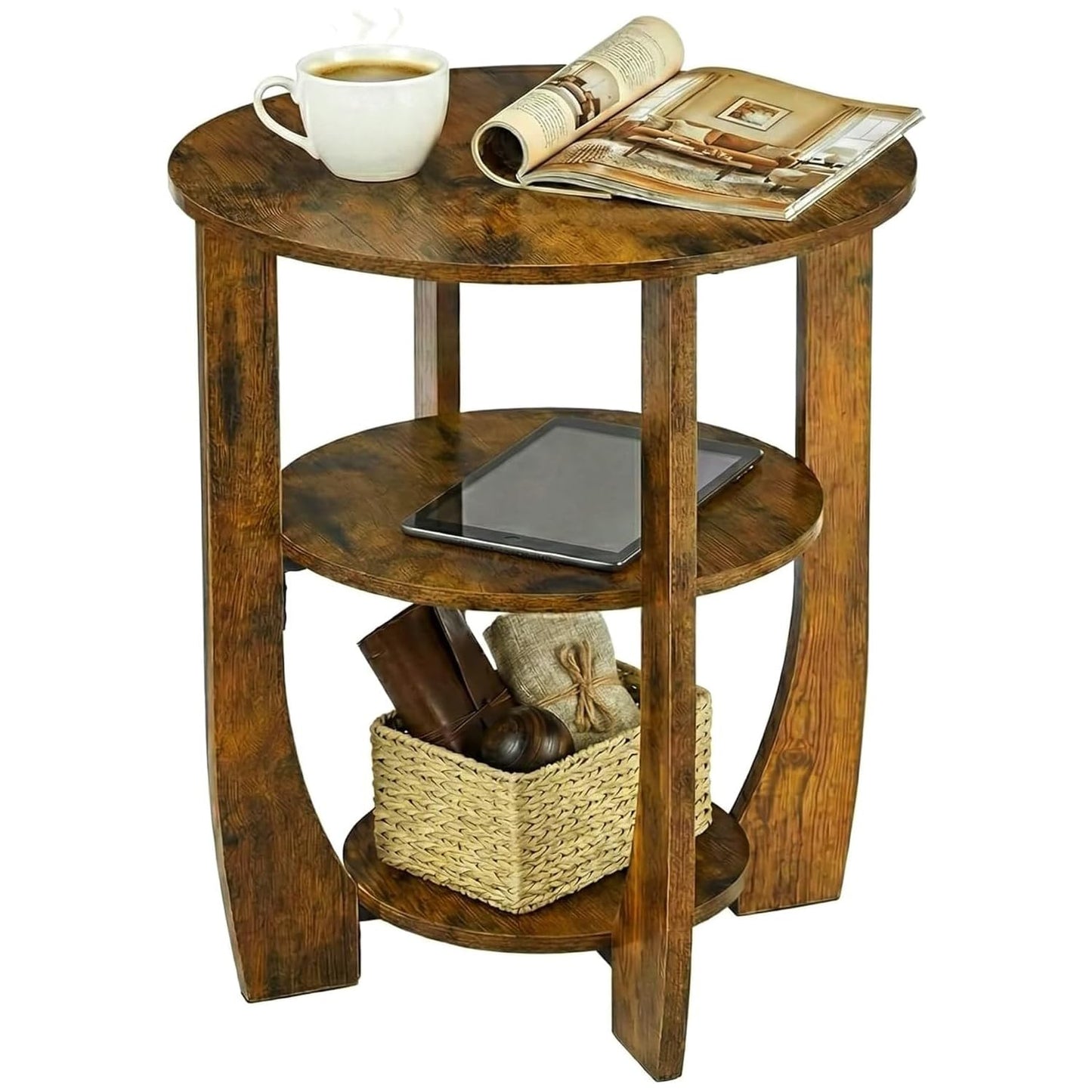 ZEXVIDA 3 Tier Round Side Table, Farmhouse Wood End Tables with Storage, Country Accent Small Sofa Bedside Table Coffee Table for Living Room Bedroom