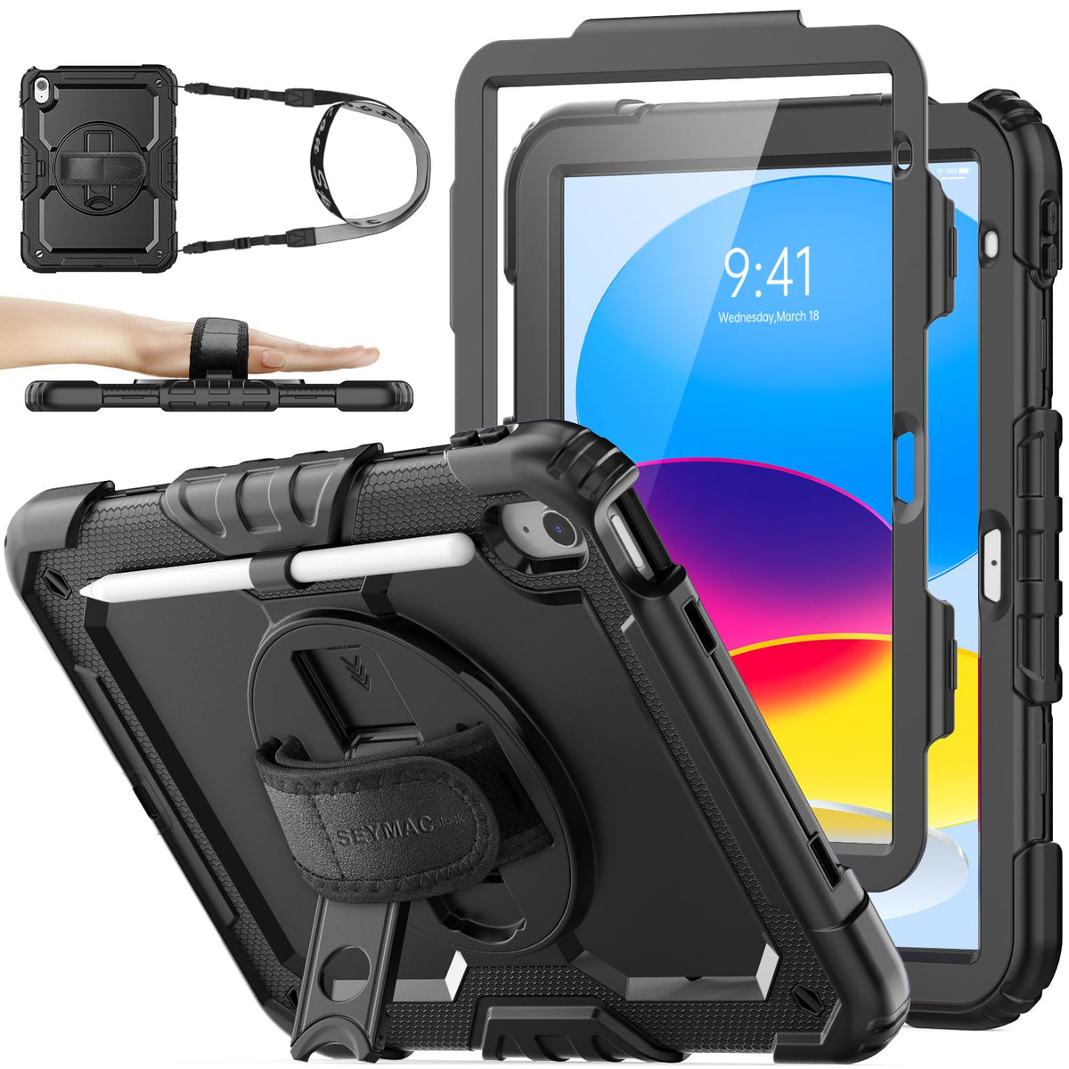SEYMAC stock Case for iPad A16 11th/10th Generation (11/10.9 Inch) 2025/2022, Heavy Duty Shockproof with Screen Protector, 360? Rotating Stand/Hand