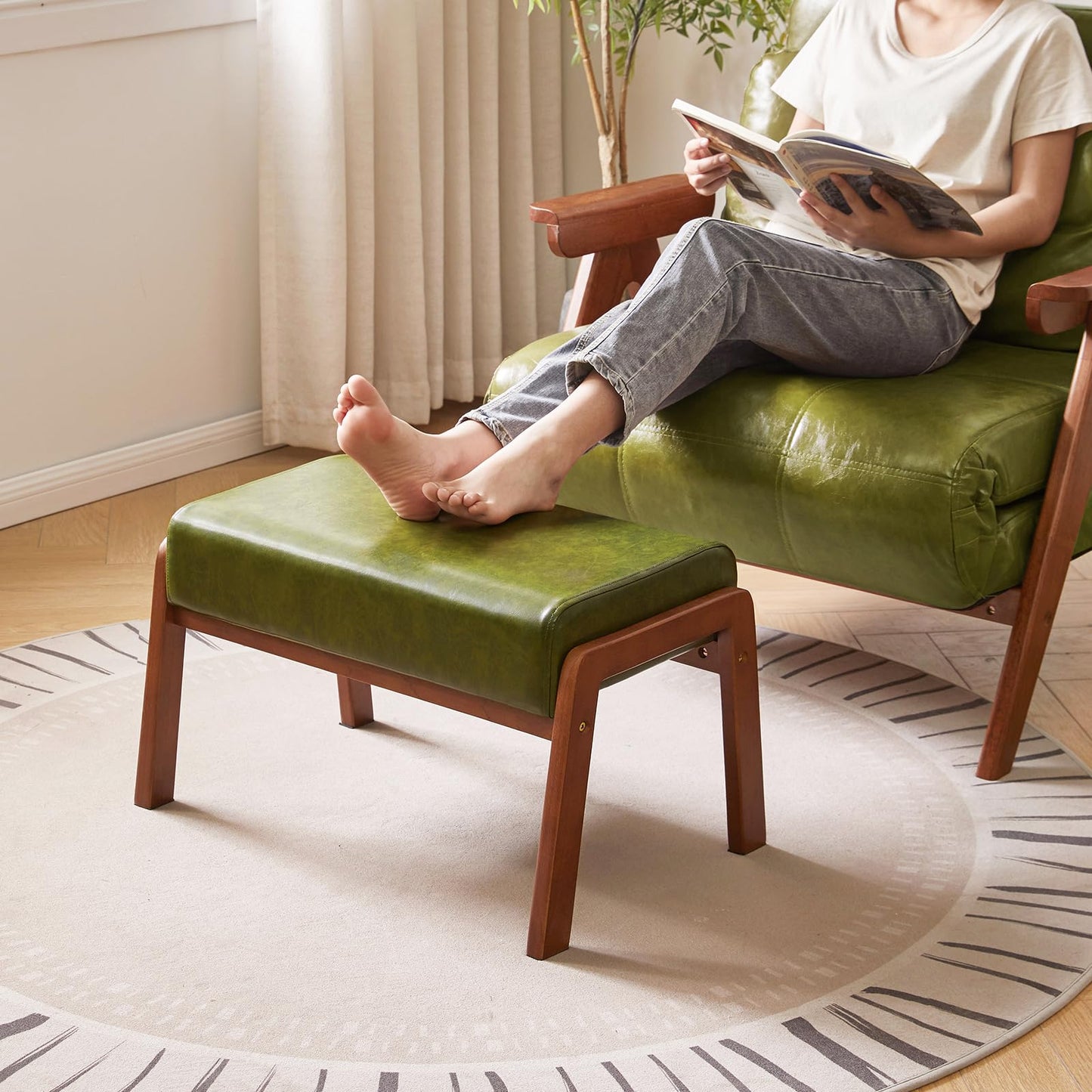 IBUYKE 14.2” H Large Foot Stool Ottoman, Rectangle PU Faux Leather Foot Rest with Padded Seat and Wood Legs