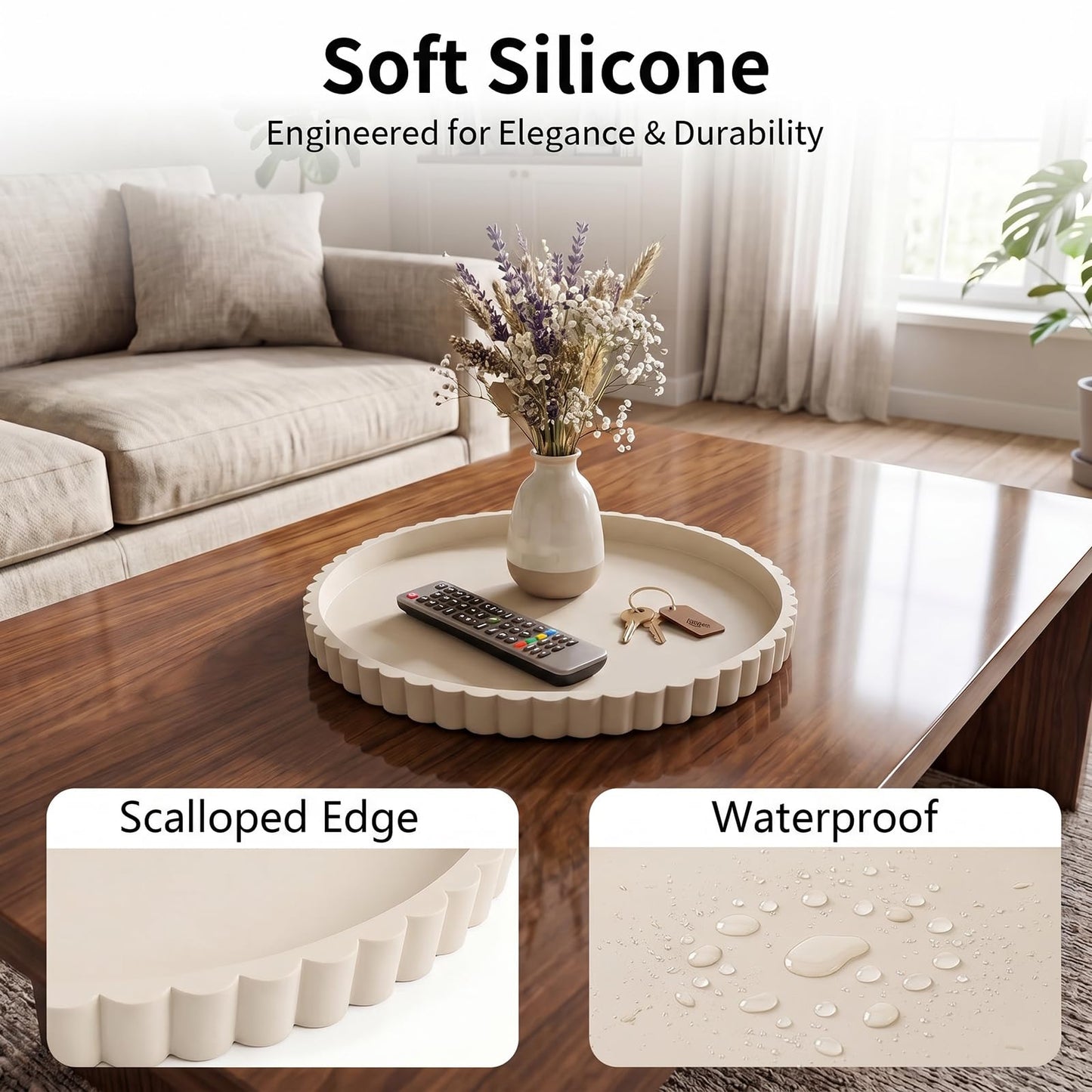 Silicone Bathroom Vanity Tray for Counter, 23×23 cm Decorative Tray Round with Scalloped Edge Vanity Storage Organizer