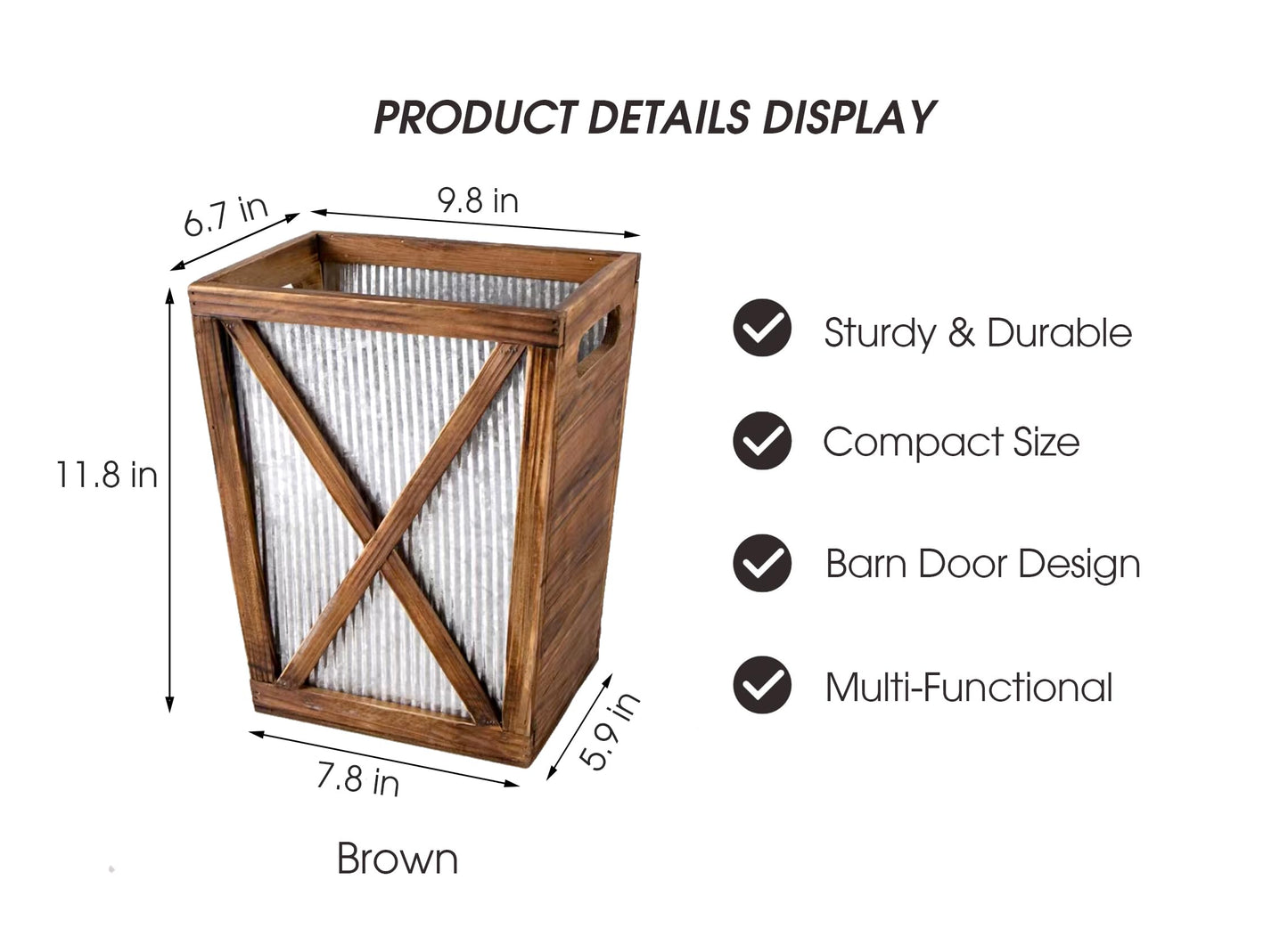 Venalys Small Wood Trash Can Wastebasket, Decorative Barn Door Garbage Can Waste Basket, Rustic Distressed Rectangular Trash Bin