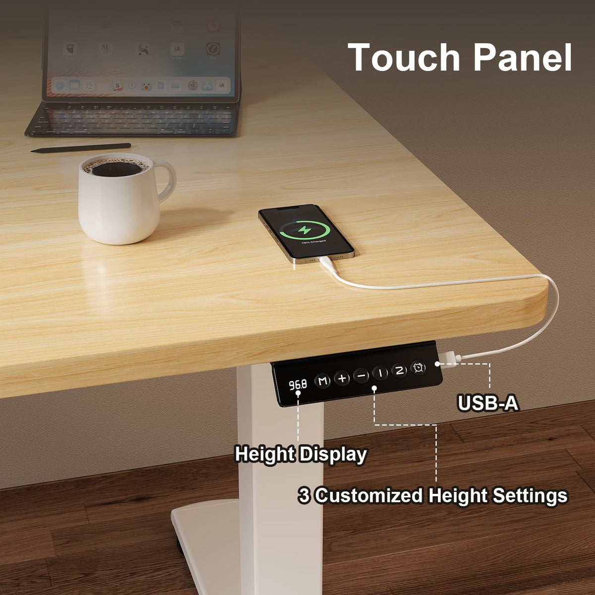 JUMMICO Height Adjustable Desk COMPLETE TABLE TOP Electric Desk Height Adjustable with Memory Function Standing Desk Computer Desk 110 x 53 cm Beige