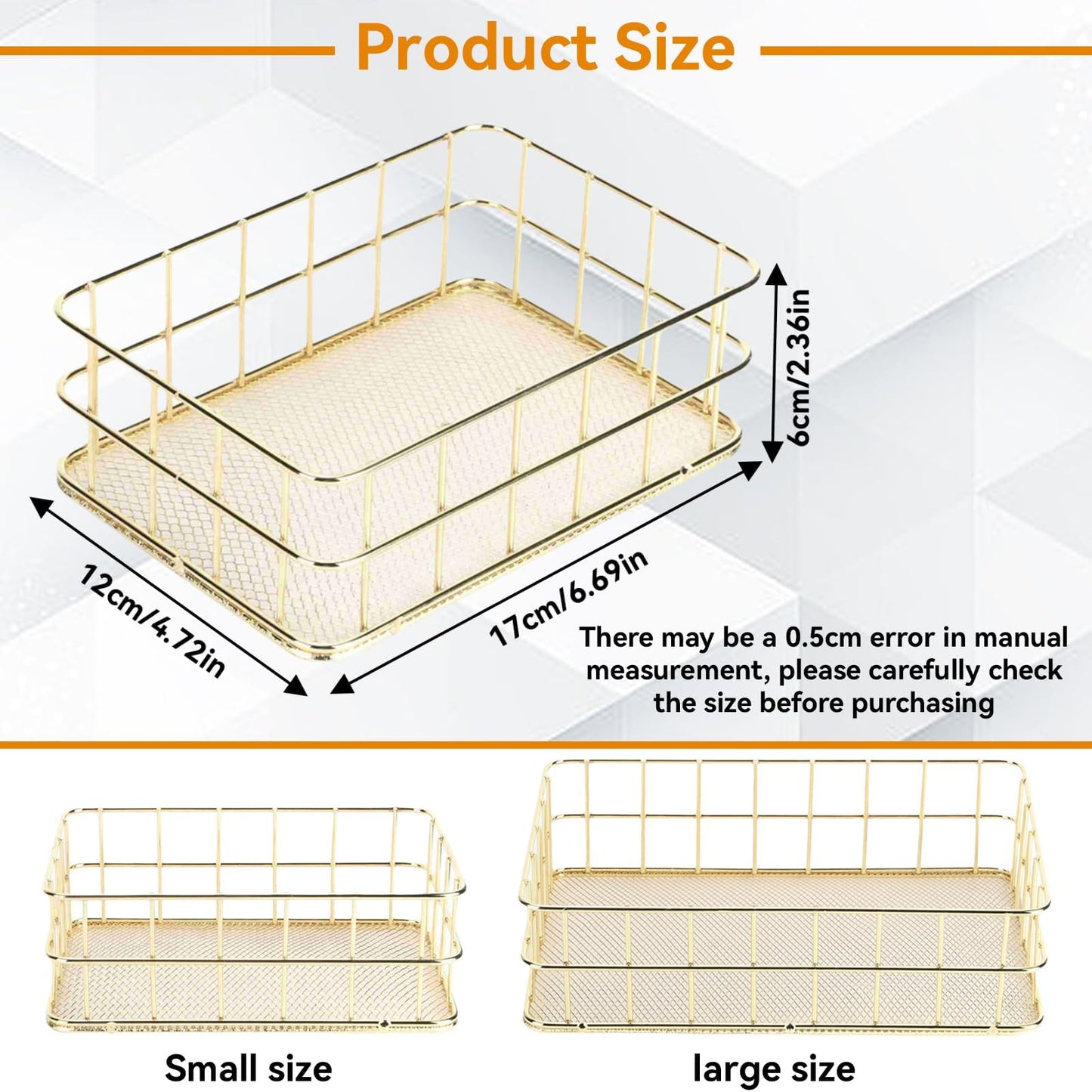 Jwthee Gold Desktop Metal Storage Basket, Small Wire Baskets for Organizing Gold Storage Bins Wire Cabinet Organizer for Kitchen Cabinets, Bathroom