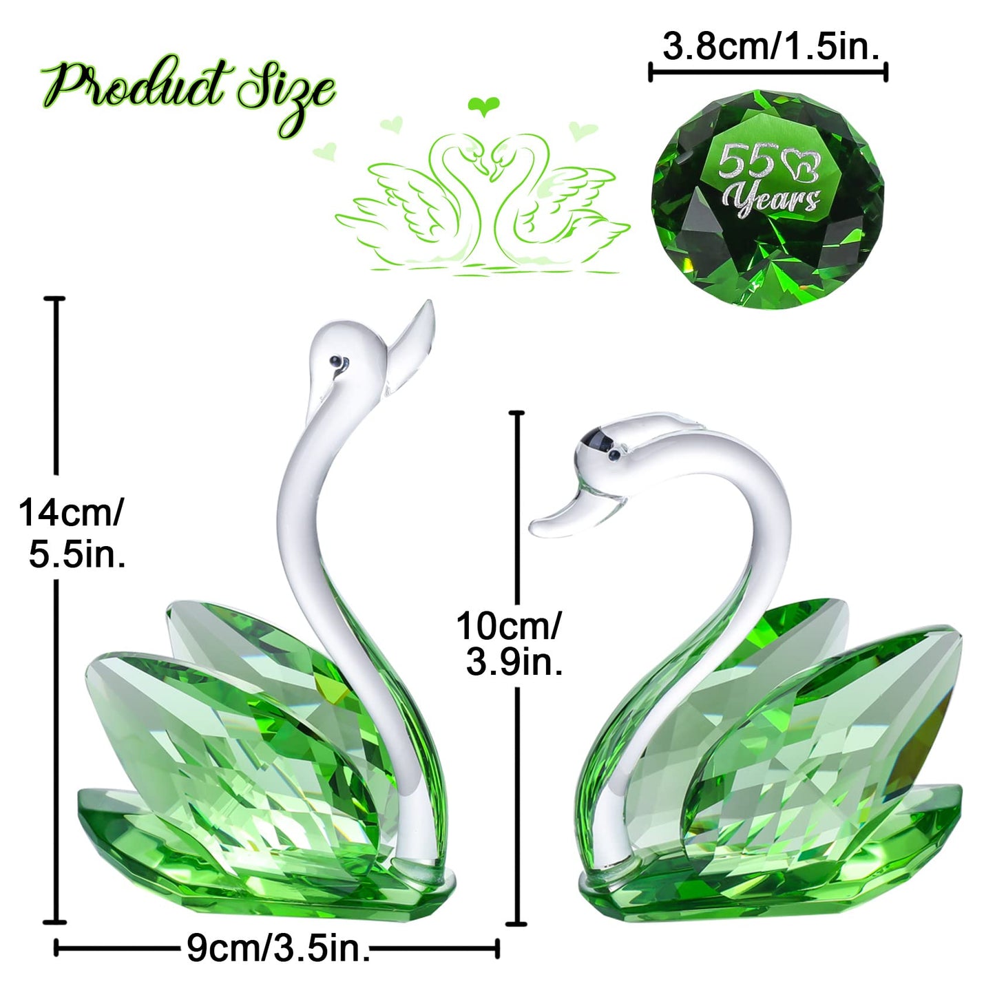 Set of 2 Crystal Green Swans for Wedding Gifts for Couple 55 Years Marriage Emeraled 55th Wedding Anniversary Presents for Parents Glass Swans