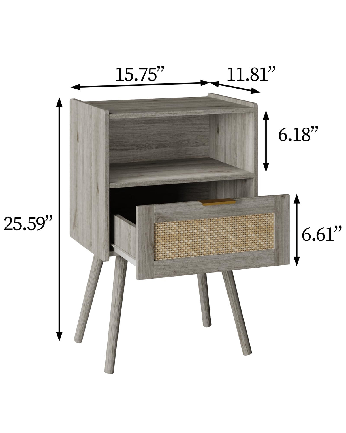 JERX Rattan Nightstand,Farmhouse Bedside Table with Storage Drawer and Open Wood Shelf, for Living Room, Bedroom and Small Spaces