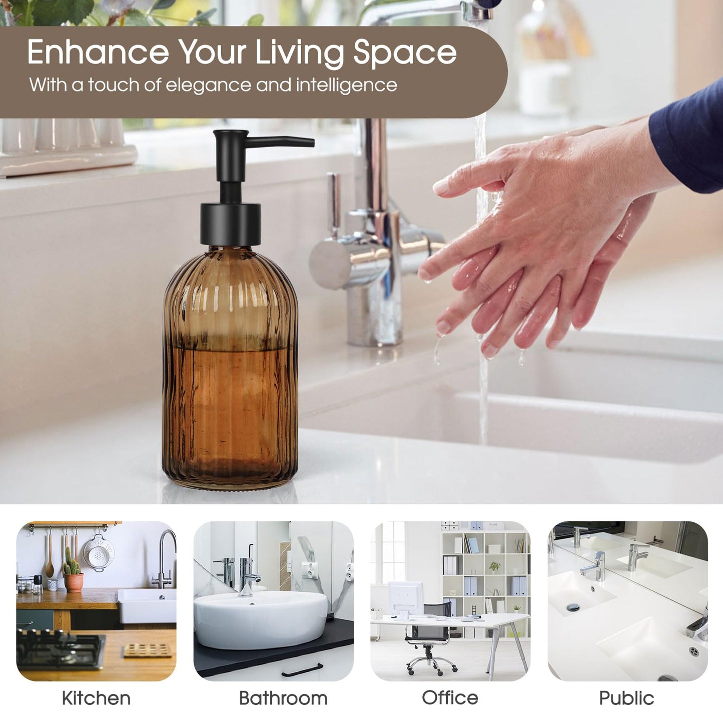 Topsky Glass Soap Dispenser with Black Rustproof Plastic Pump, 400ml Amber