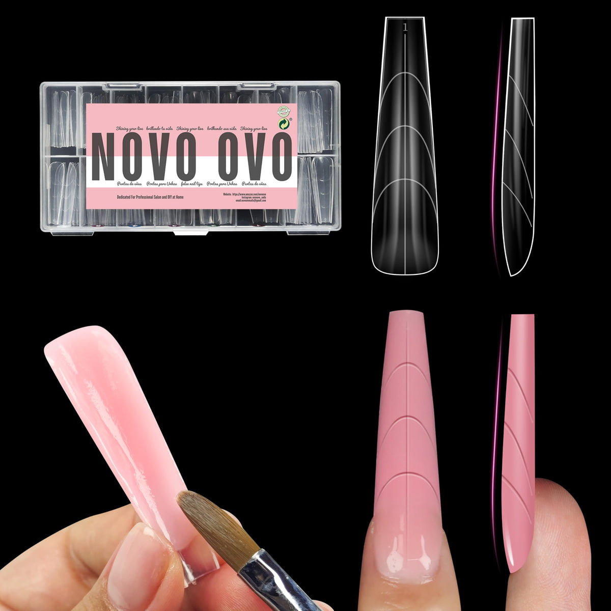 NOVO OVO Tapered Square (Natural not Sculpted) Nail Dual Forms for Poly Gel Extension with Guiding Line Inside, XL XXL Reusable Full Cover Acrylic