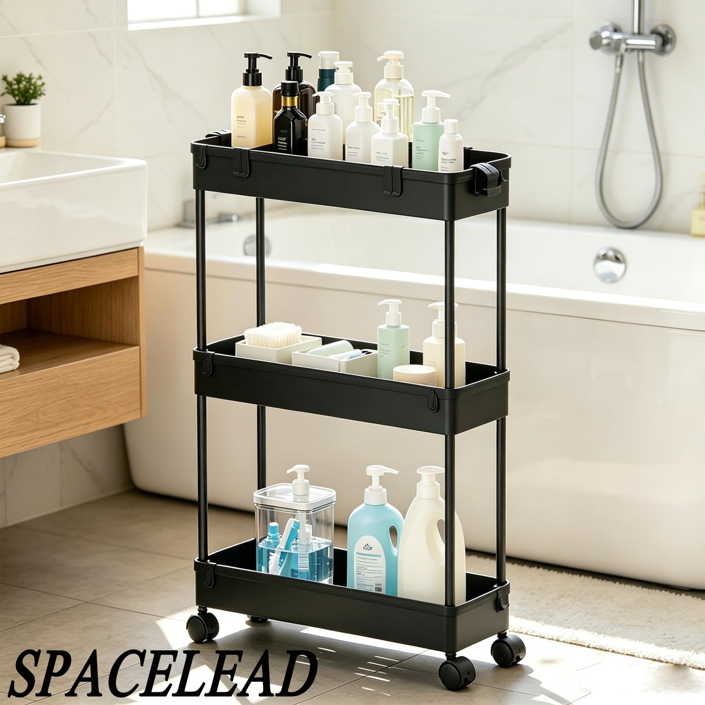 SPACELEAD Slim Storage Cart 3 Tier,Bathroom Organizer Rolling Utility,Mobile Shelving Unit Slide Out for Office, Kitchen