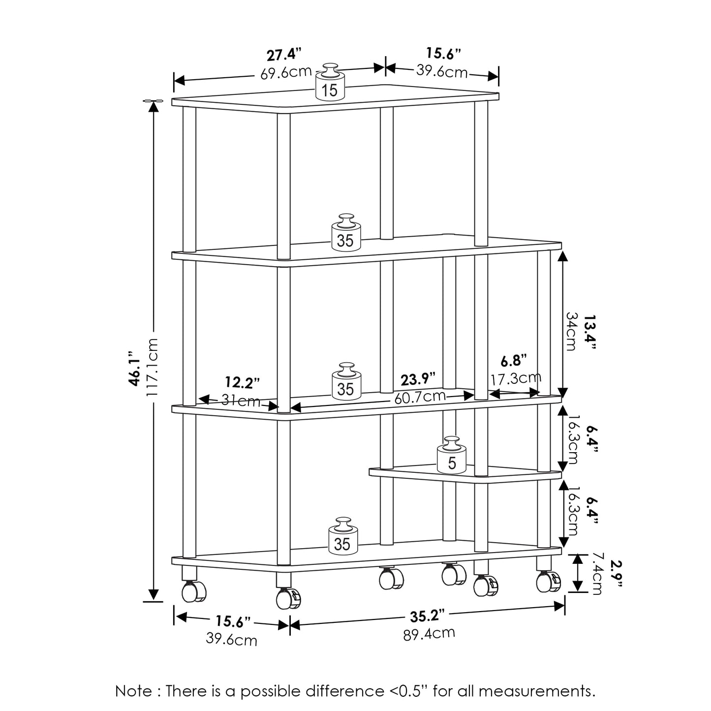 Furinno TURN-N-TUBE Printer Stand, Wide 4-Tier Printer Table with with Storage Shelf and Casters, Open Frame Standing Shelf, for CPU, Office Supplies
