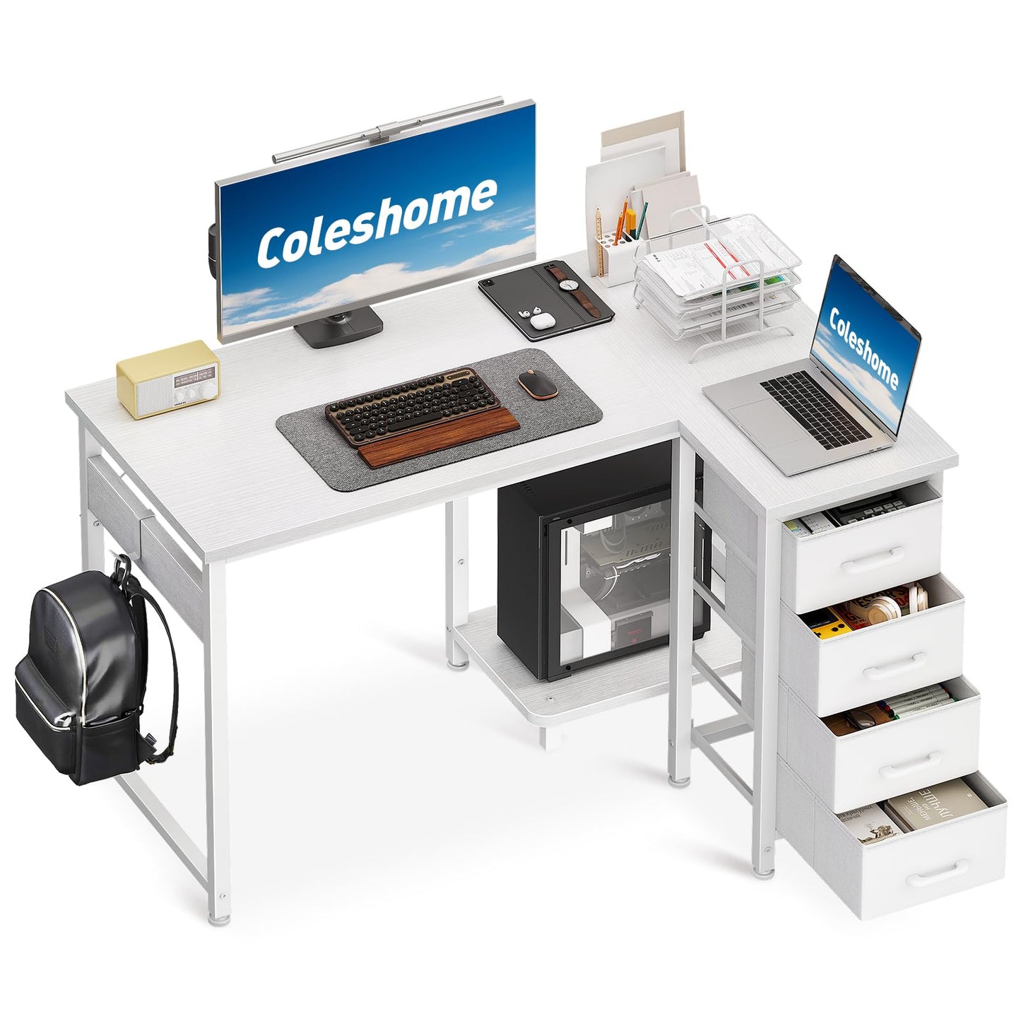 Coleshome Small Corner Desk with Drawers for Home Office, 100x70 cm, White