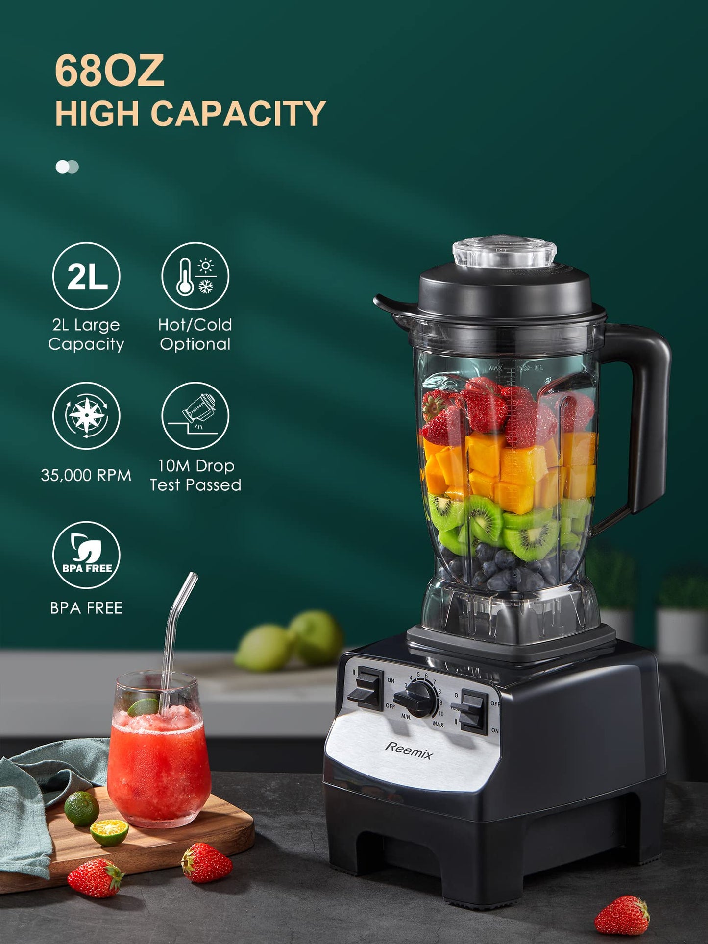 Smoothie Maker, 2000W Food Blender with 10 Speeds Control, 2L BPA Free Tritan Container, 8 Titanium Stainless Steel Blade for Liquidisers, Milkshake,
