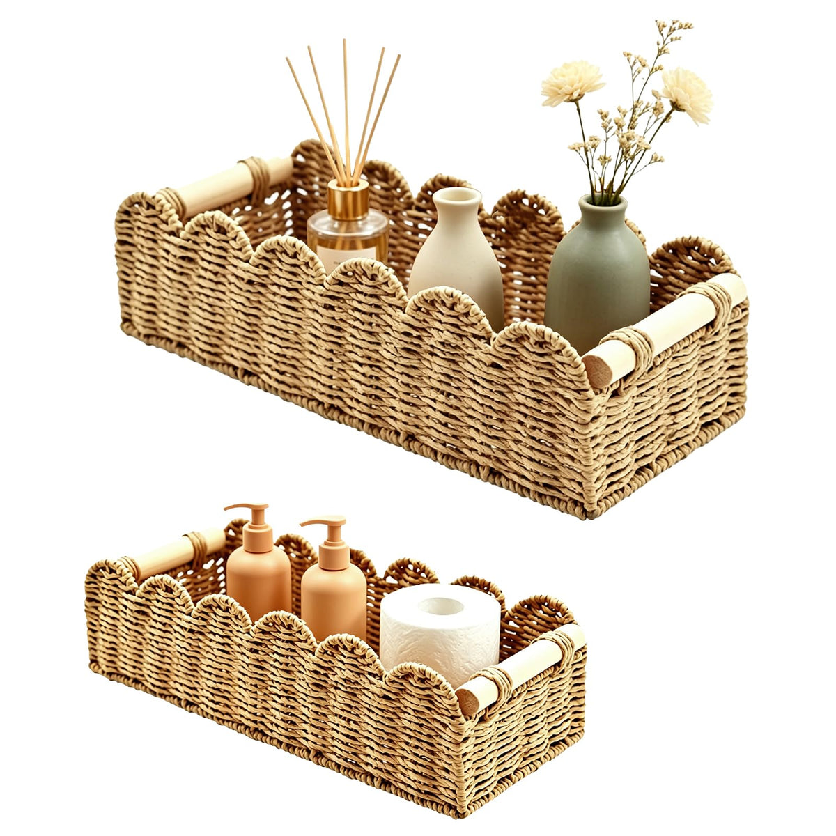 Lnopever 2 Pcs Storage Baskets, Paper Rope Scalloped Edge Bathroom Organizer Boxes, for Toilet Storage Shelf, End Table, Shelves and More