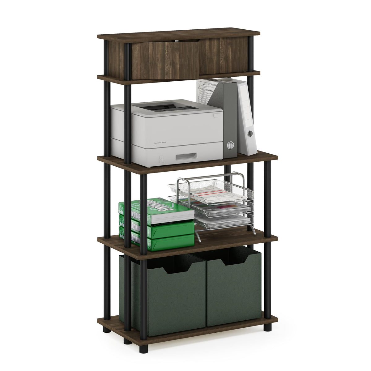 Furinno TURN-N-TUBE Printer Stand with Storage, 5-Tier Large Printer Stand, Standing Printer Table with Top Cabinet, for CPU, Office Supplies