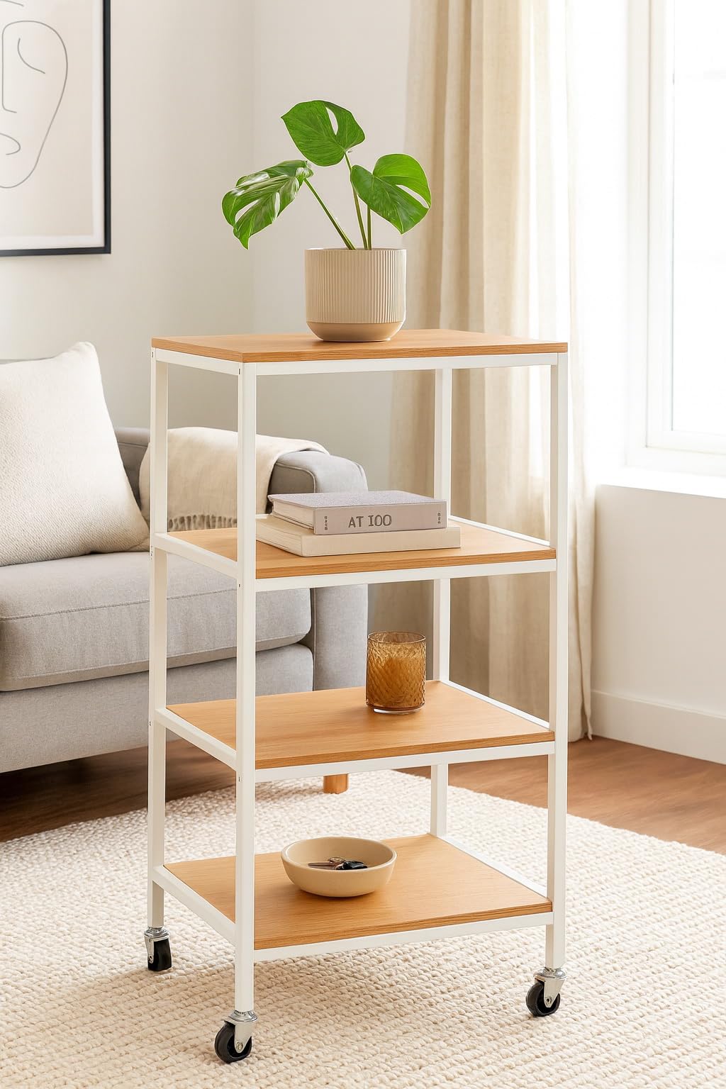 A ASPECT 4 Tiers Storage Trolley On Wheels With Wooden Shelves,Natural/White