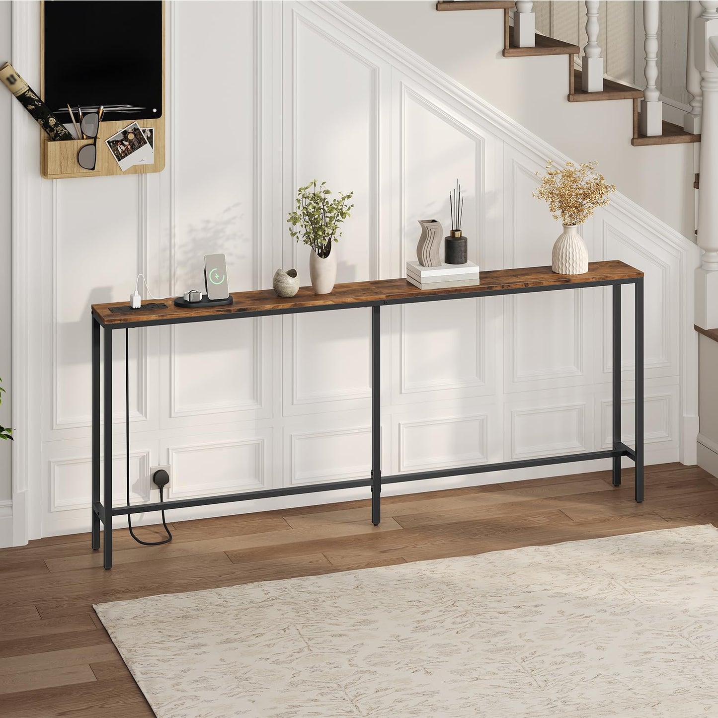 MAHANCRIS Console Table with Power Outlet, 200 CM Narrow Sofa Table, Industrial Entryway with USB Ports, Behind Couch Table for Entryway, Hallway,