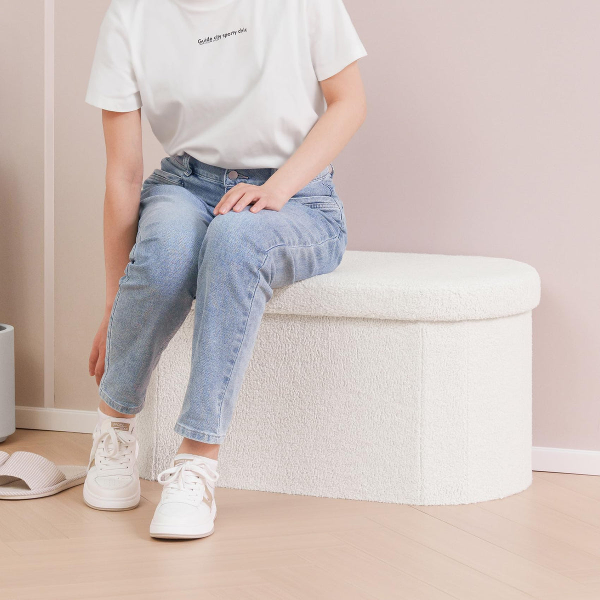 Bonlife Folding Ottoman Storage Bench,Boucle Footstool Oval, End of Bed Stool, Ideal for Living Room, Bedroom,76x38x38cm,White