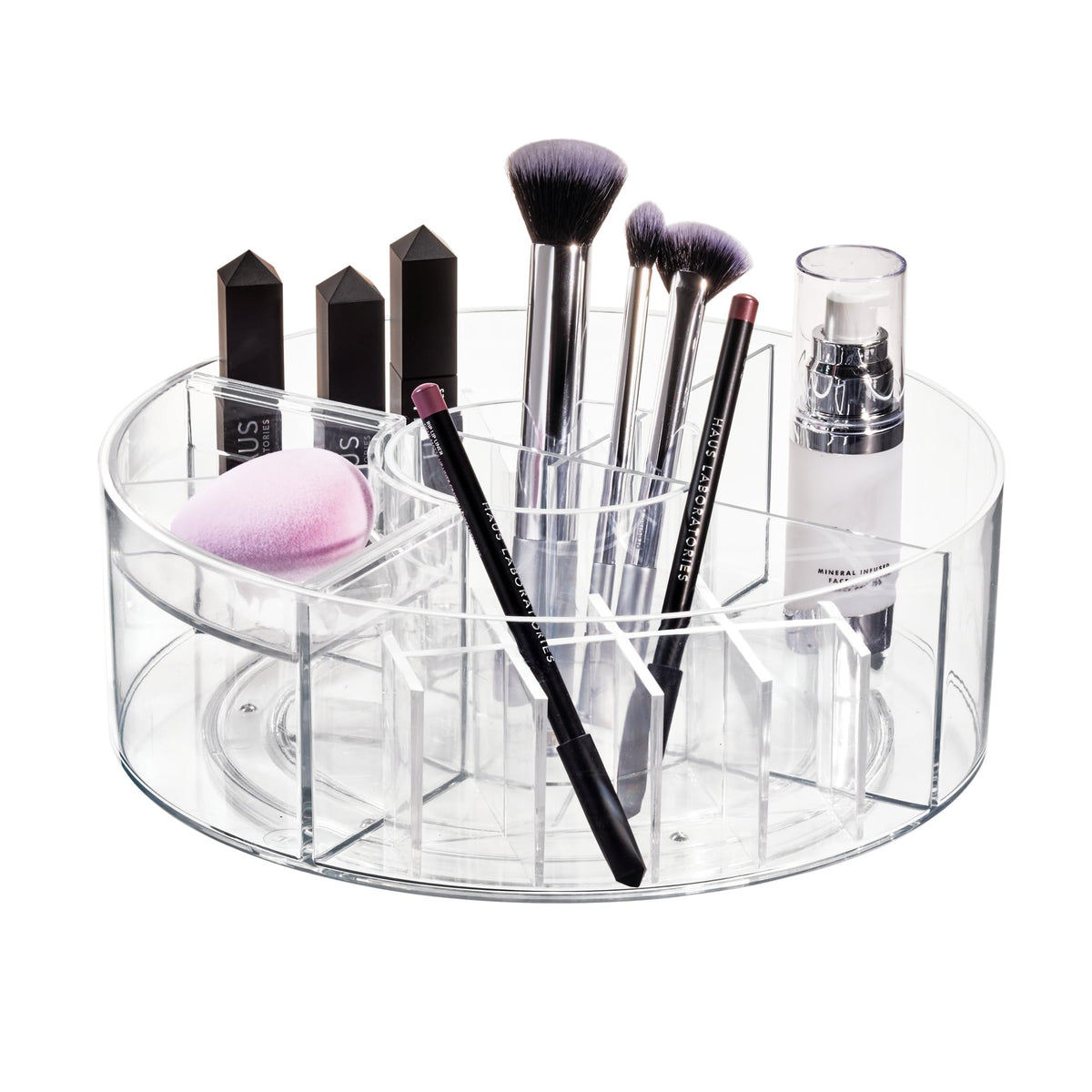 iDesign Customisable Turntable from The Signature Series by Sarah Tanno, Spacious PET Organiser Storage, Circular Makeup Box, Clear/Matte White, 25.5