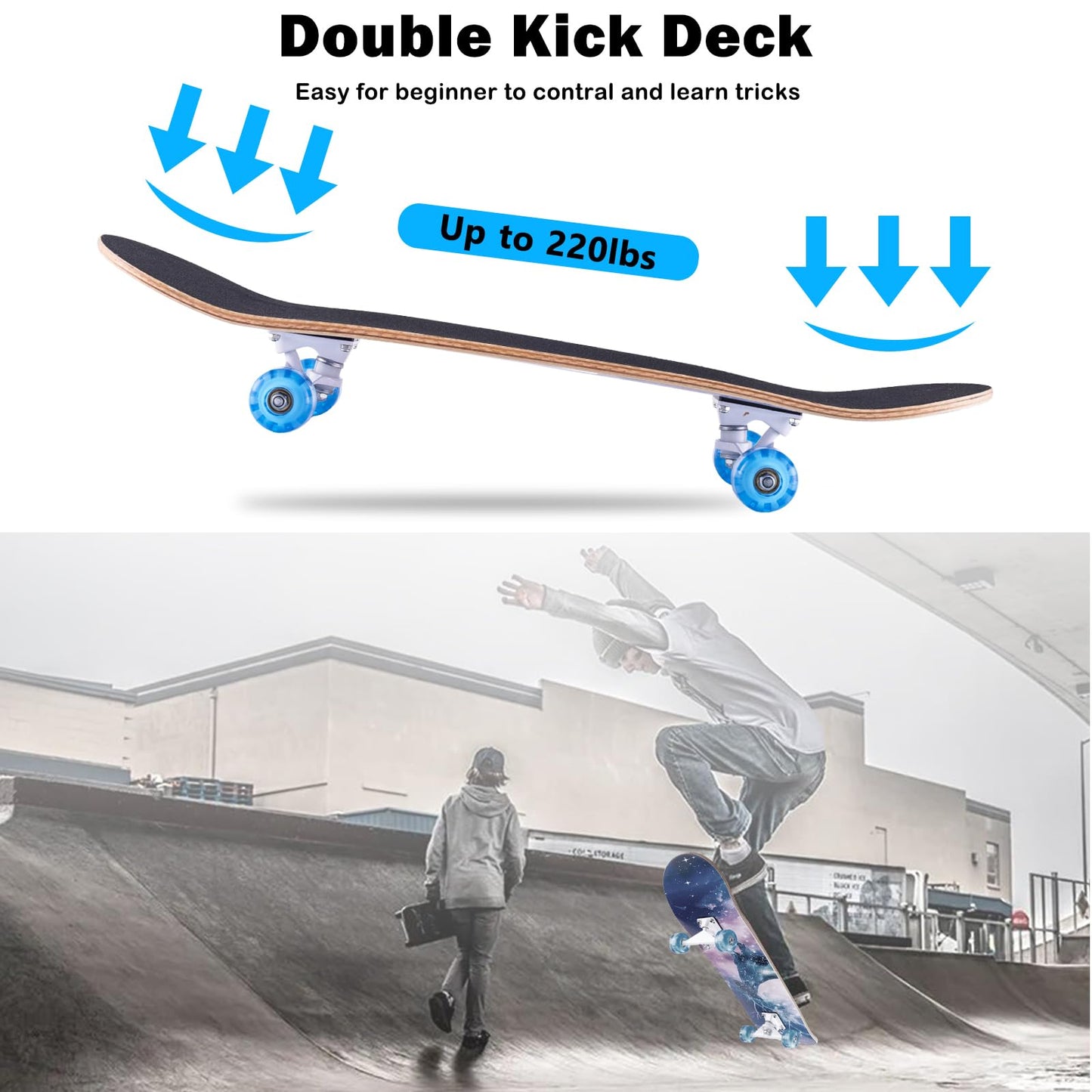 CLYCTIP Skateboards,31 x 8 inch Complete Skateboard for Beginners,8 Layer Maple Concave Cruiser Trick Skateboard for Teens and Adults (Blue-L)