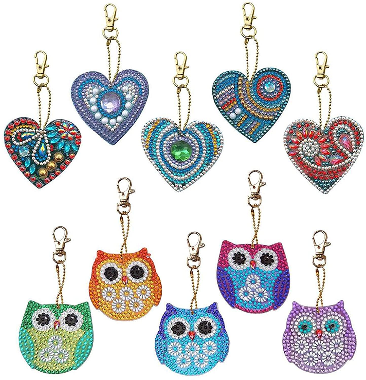 VEGCOO 10 Pcs DIY Diamond Painting Keychains, Love Heart & Owl Diamond Painting Keyrings for Women Girls Kids DIY Art Crafts, 5D Diamond Art Painting