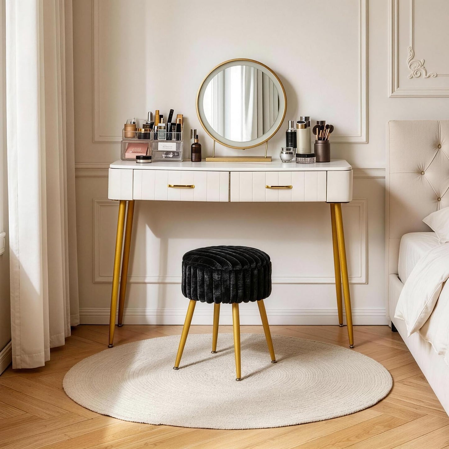 Aibiju Dressing Table Stool with Storage, Footrest Stool, Makeup Vanity Chair with 4 Metal Legs, with Anti-Slip Feet, for Makeup Room, Bedroom