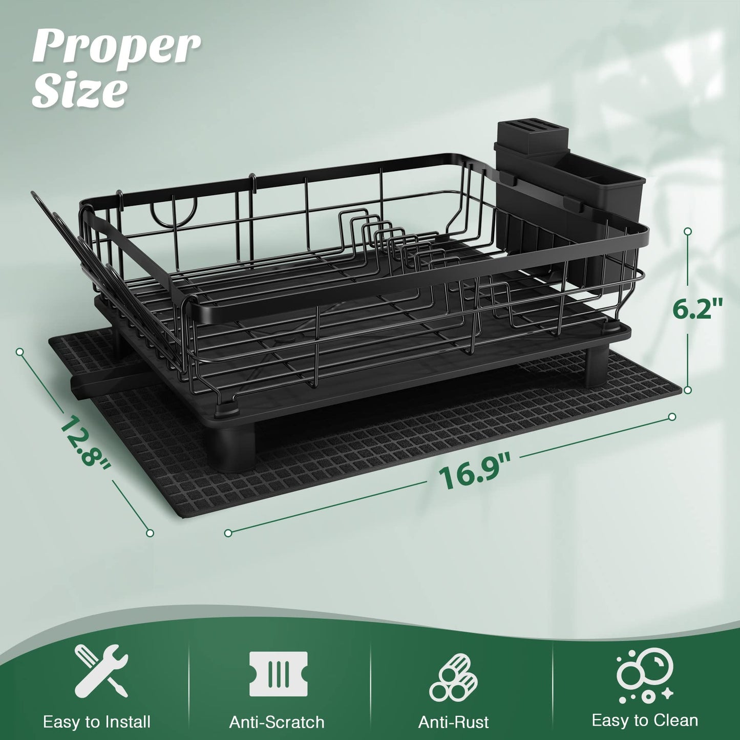 MAJALiS Dish Drainer Rack with Drip Tray, Dish Drainer with 360 Swivel Spout and Drainer Mat, Stainless Steel Dish Rack with Cup Holder and Cutting