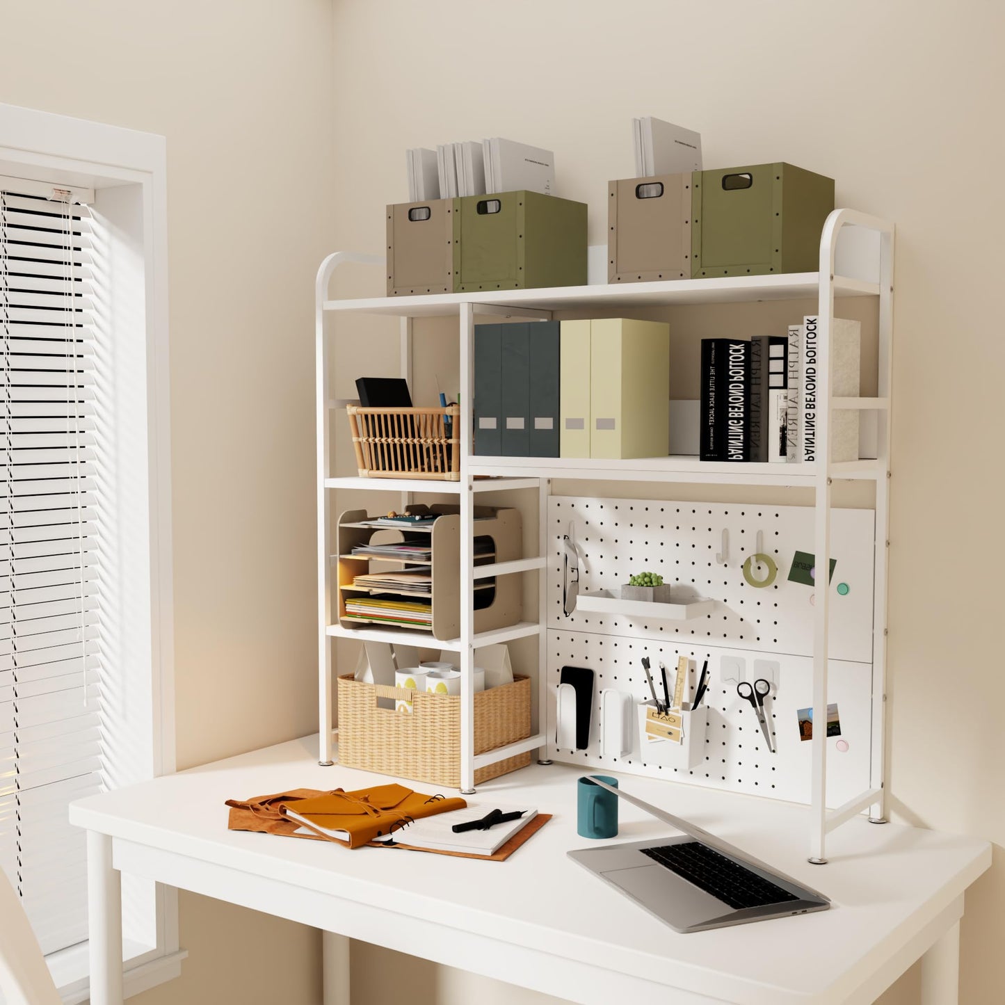 Boltmol 2-Tier Desk Shelf with storage rack,Off-White 95CM, Desktop Organizer With Pegboard, Countertop Storage Bookcase For Home, Office Or Dorm
