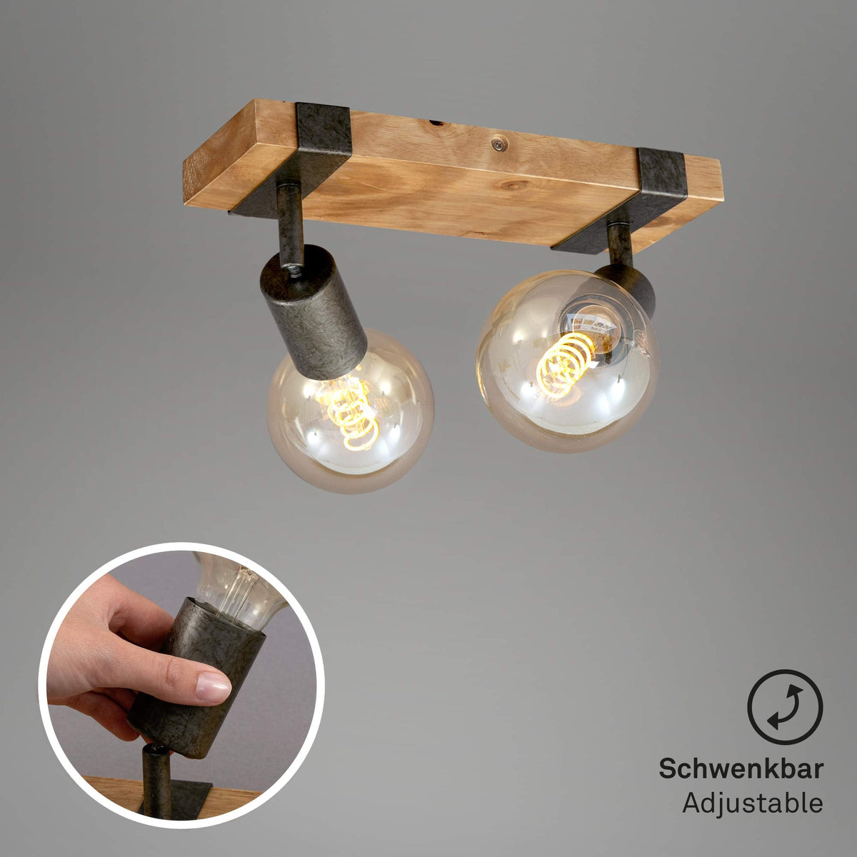 BRILONER - Vintage Ceiling Light Rotatable, 2X E27 Socket, max. 25W, Retro, Wooden Base, spot Lights Ceiling, 2 spot Lights, Ceiling Lights Living