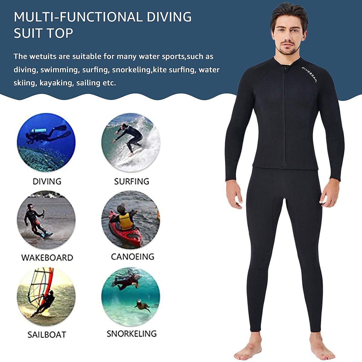 EUPTE 2mm Wetsuits Women/Men Long Sleeve Jacket UPF50+ UV Protection Diving Skin Suit Top for Scuba Diving Snorkeling Surfing Swimming (men, 2XL)