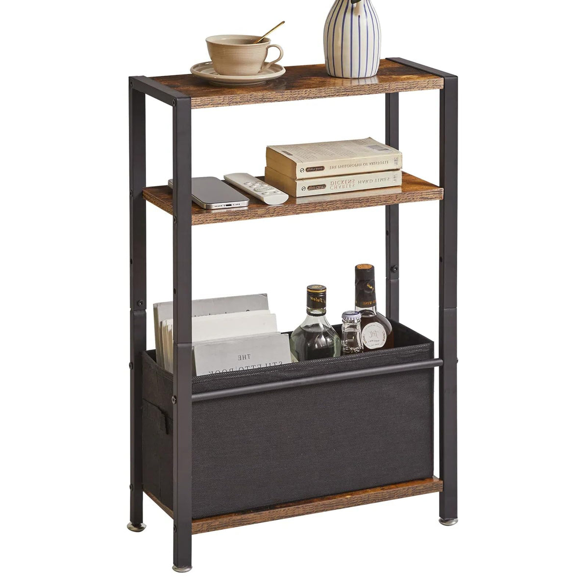 Aibiju Side Table,3-Tier Small Narrow Side Table with Storage Shelf,Slim End Tables with Fabric Basket for Narrow and Small Spaces,Rustic