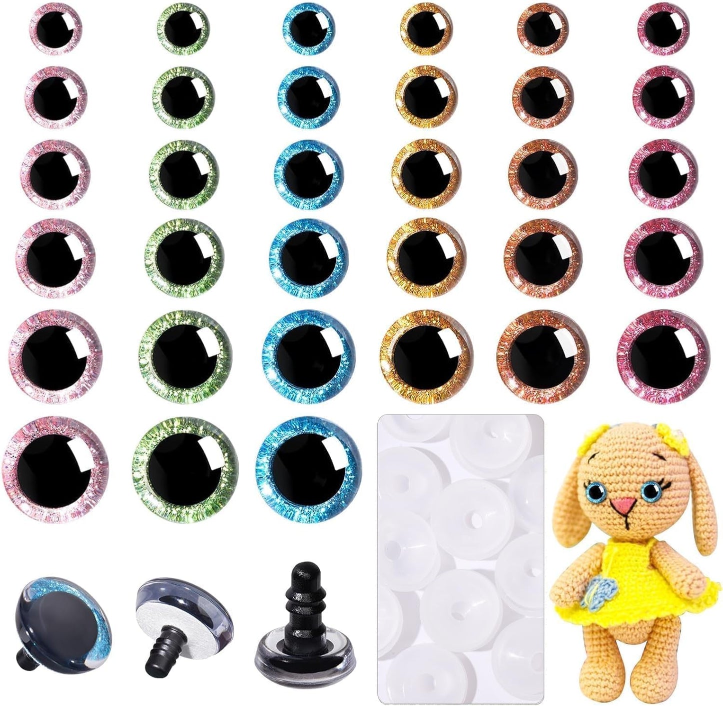 MUCUNNIA 12-30mm 3D Glitter Safety Eyes for Crochet Toys with Washer 180 Pcs Crochet Safety Eyes for Toys Craft Eyes for Amigurumi Teddy Bear Eyes for