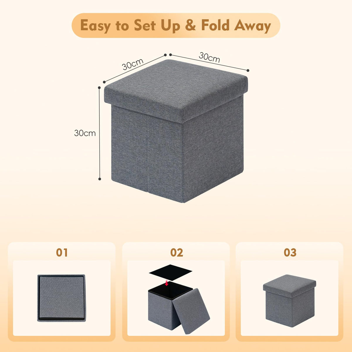 Bonlife Grey Small Ottoman Storage Box with Lid,Foot Rest Stool with Storage,Linen Toy Chest Box,Folding Footstool Cube Seat for Living Room 11.8"
