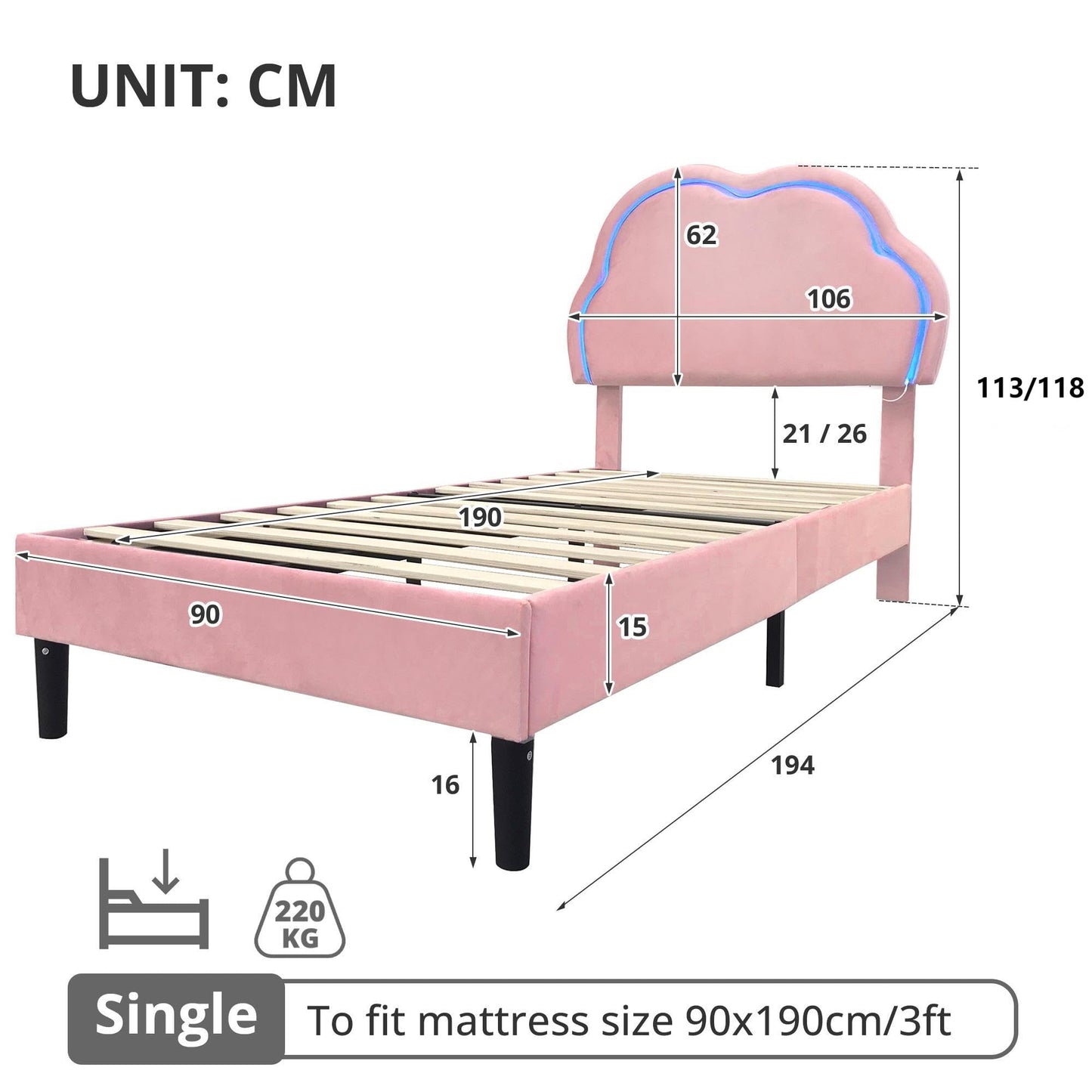 Ball & Cast 3ft Single Upholstered Bed with LED Adjustable Cute Cloud Headboard, Soft Velvet Bed Frame with Solid Wood Slat, No Box Spring Needed