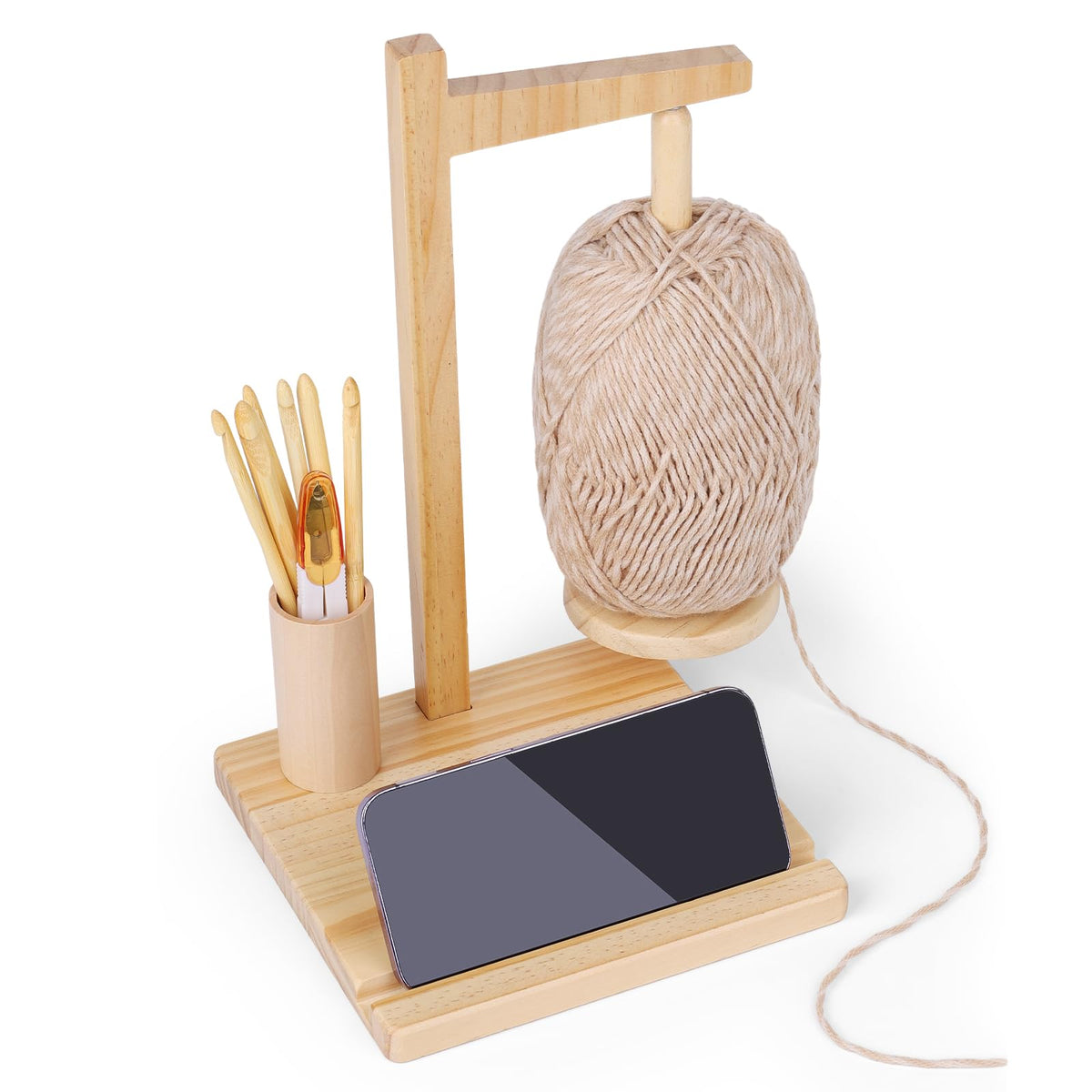 Aeelike Yarn Holder Magnetic, Wooden Yarn Holder for Crochet and Knitting, Wooden Yarn Ball Holder with Storage and Phone Stand, Revolving Wool Ball